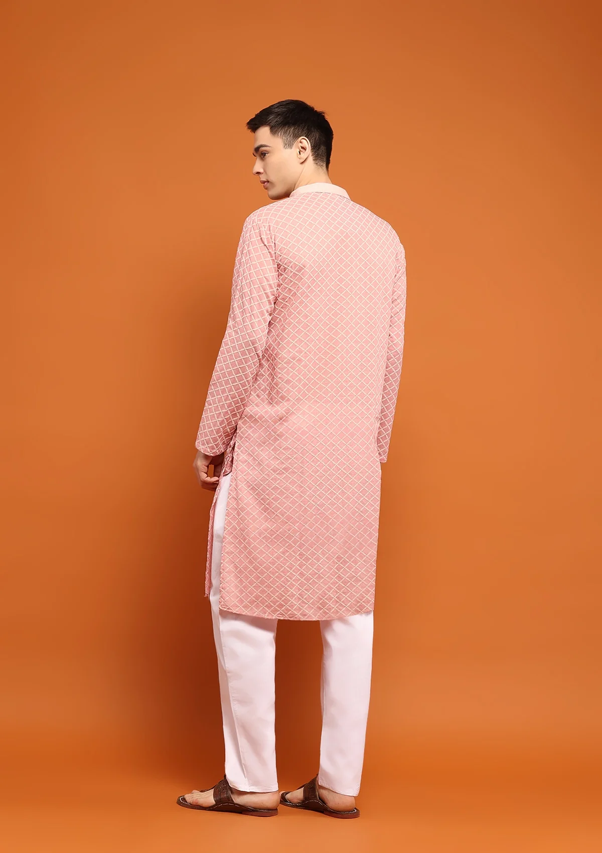 HOC Dobby Textured Solid Men's Long Kurta - Peach - Image 7