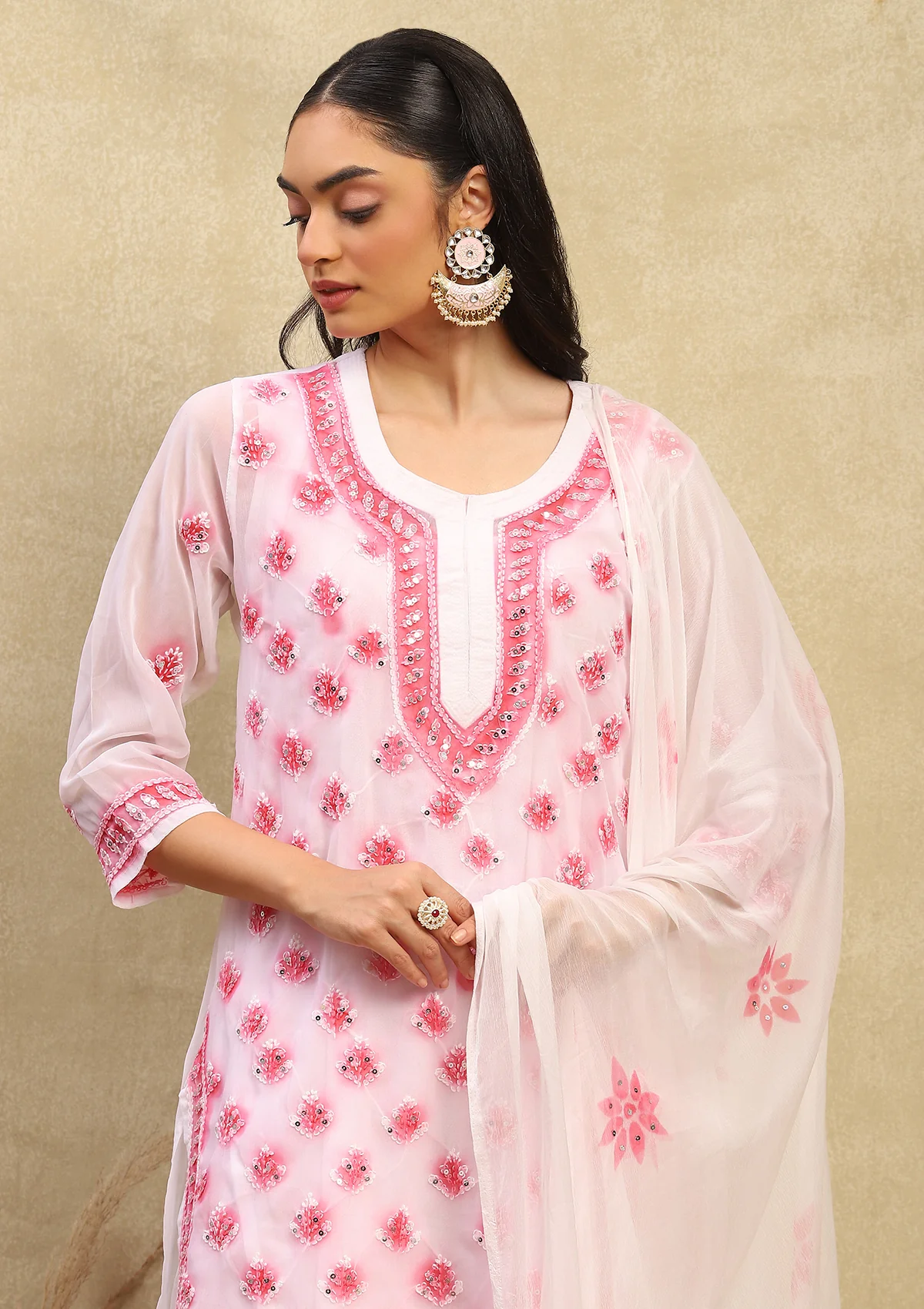 Georgette Chikankari With Sequins Work Solid Women's 4PC Kurta Palazzo Set - White & Pink - Image 2
