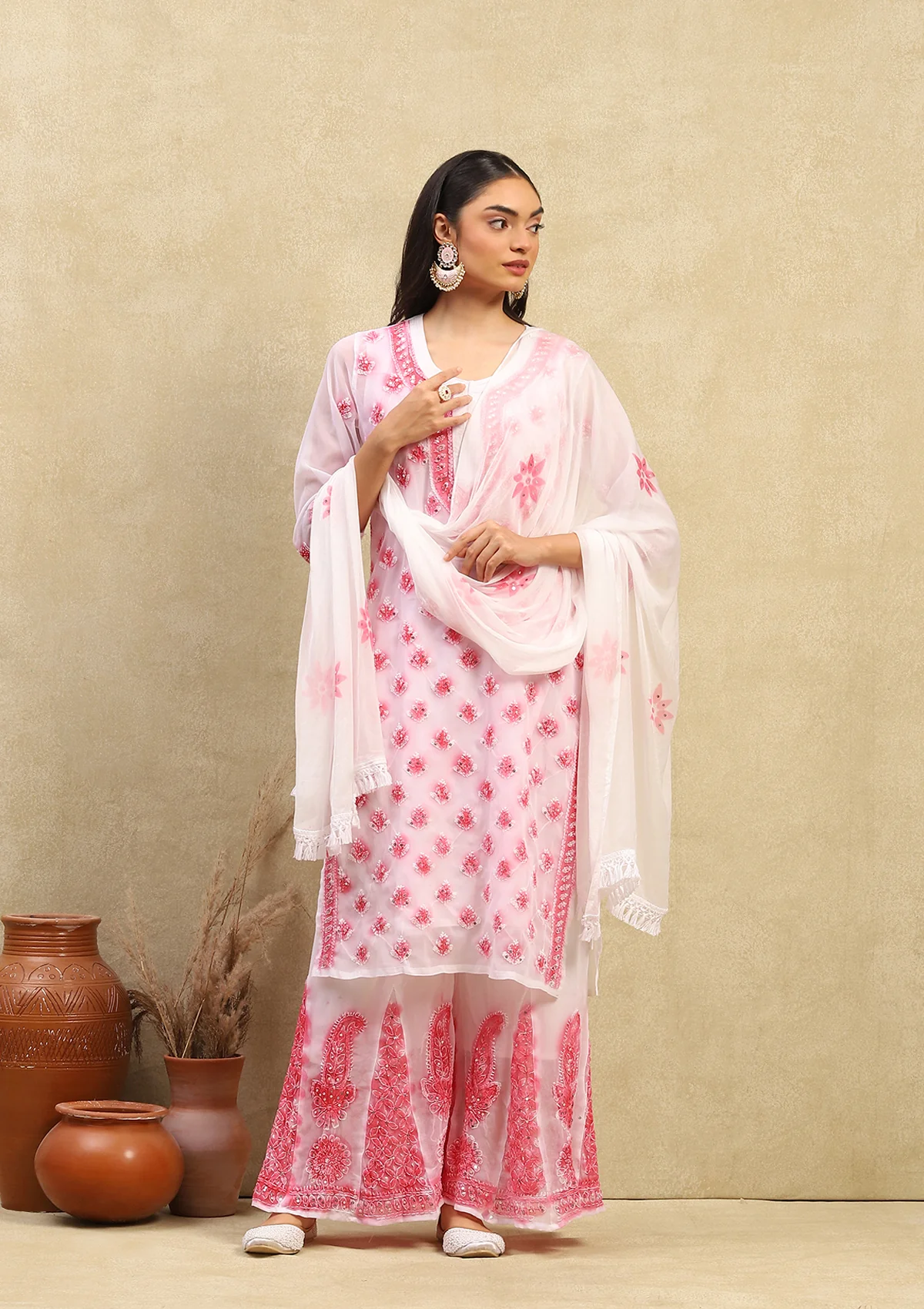 Georgette Chikankari With Sequins Work Solid Women's 4PC Kurta Palazzo Set - White & Pink - Image 3