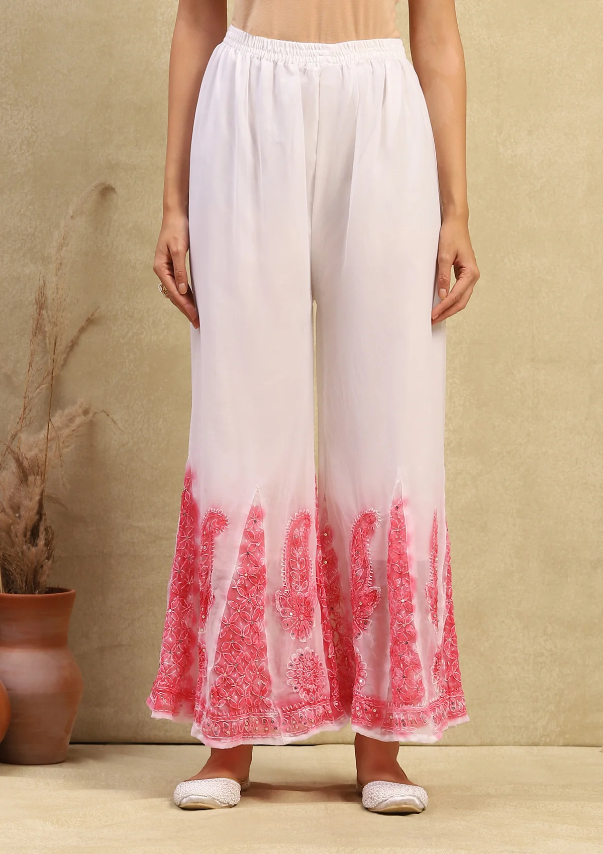 Georgette Chikankari With Sequins Work Solid Women's 4PC Kurta Palazzo Set - White & Pink - Image 5