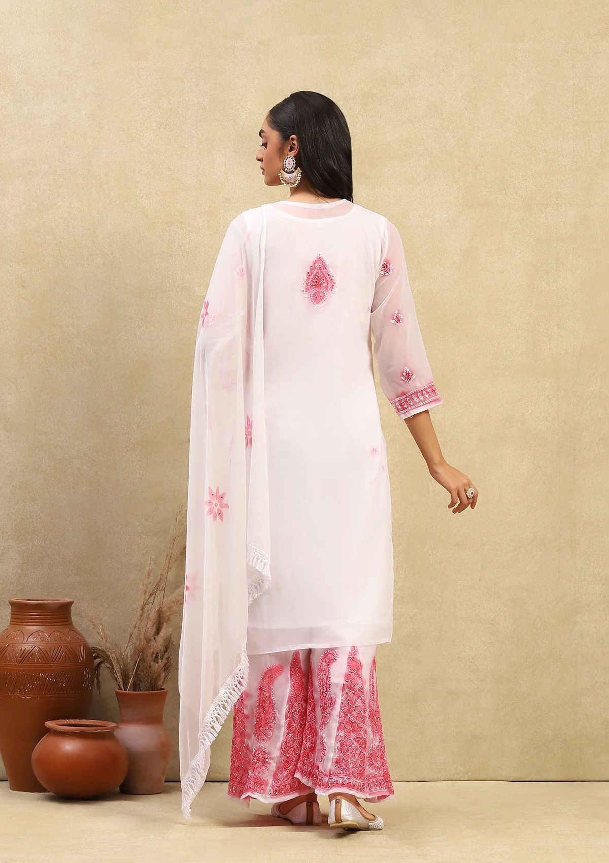 Georgette Chikankari With Sequins Work Solid Women's 4PC Kurta Palazzo Set - White & Pink - Image 9