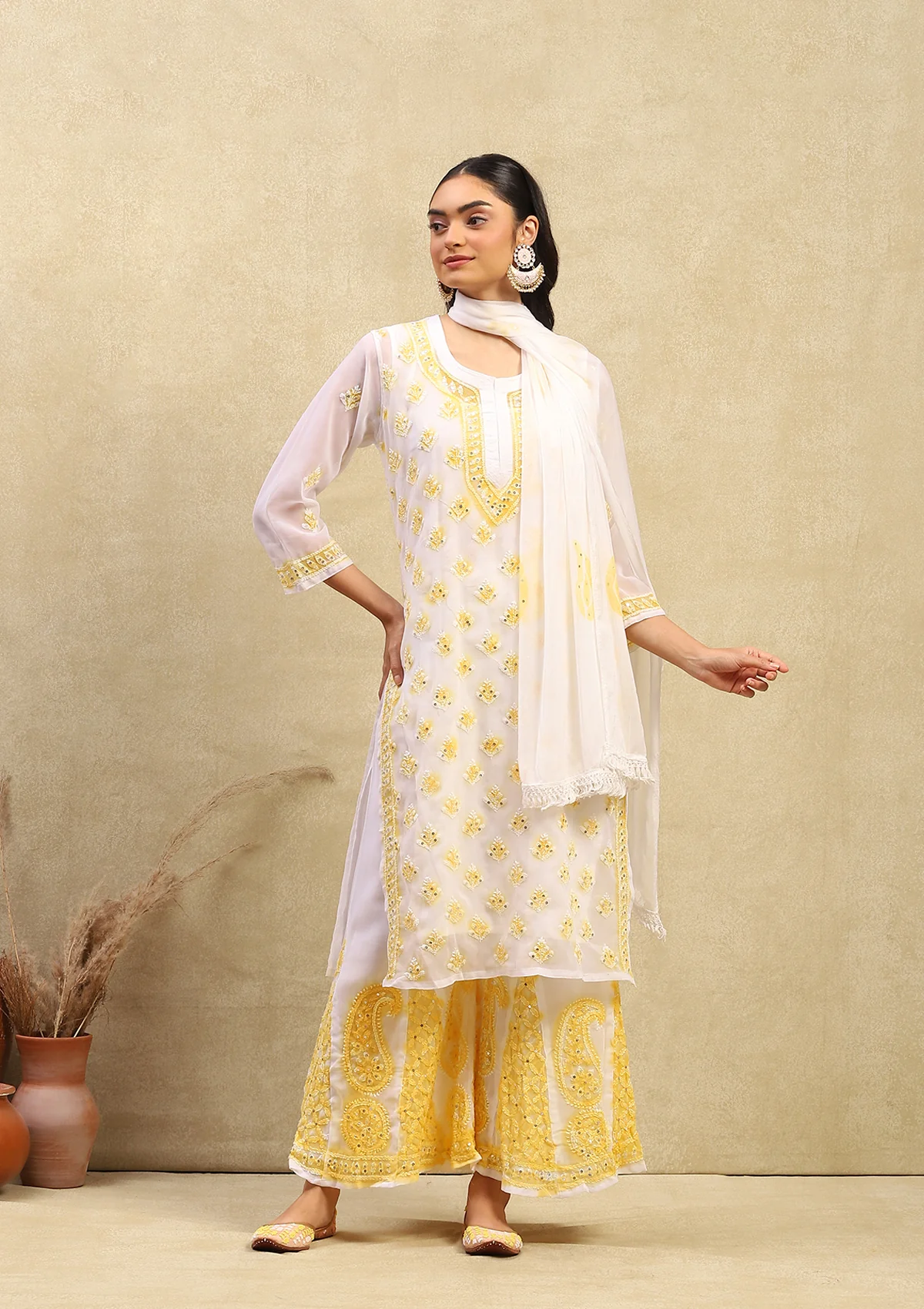 Georgette Chikankari With Sequins Work Solid Women's 4PC Kurta Palazzo Set- White & Yellow