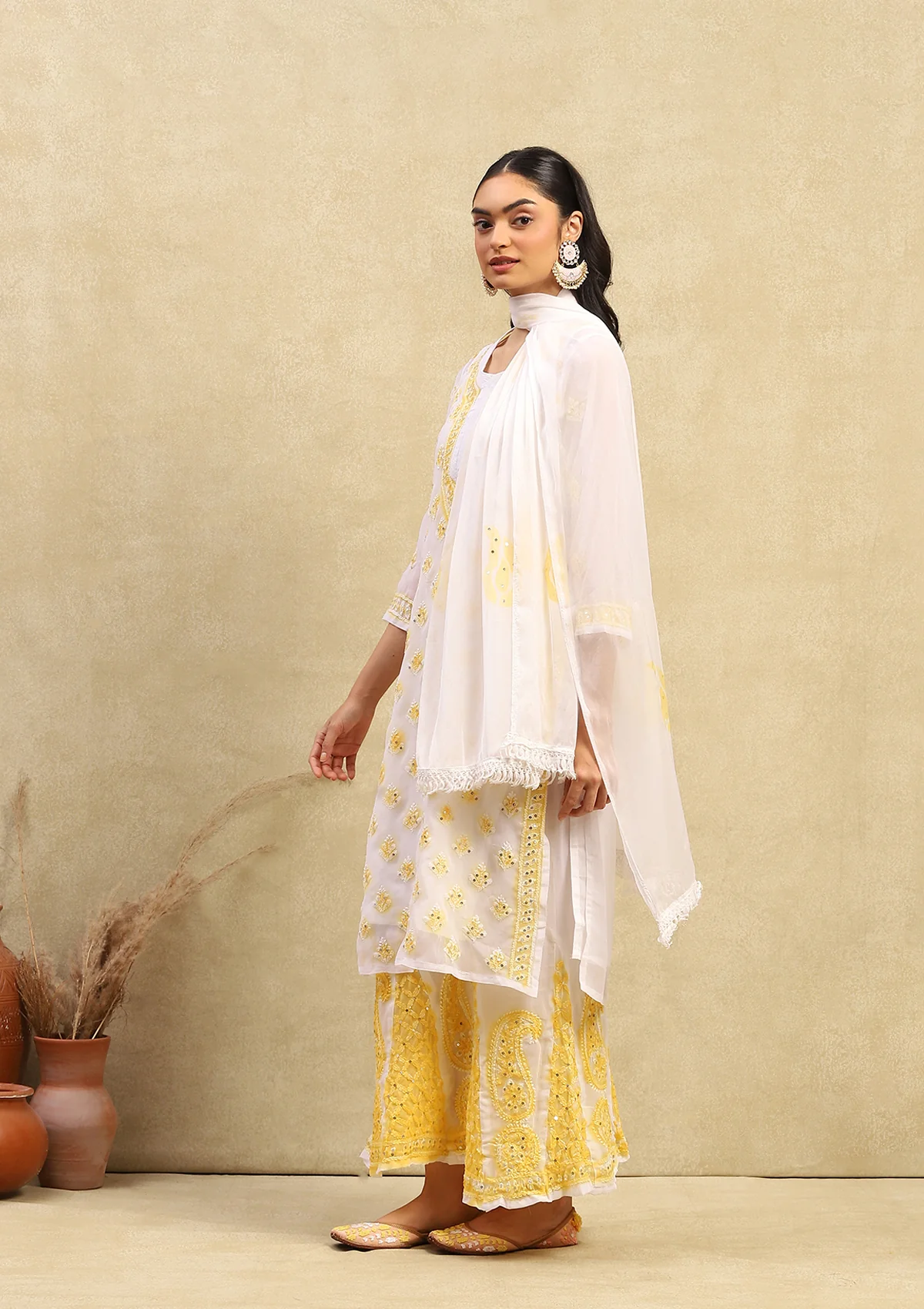 Georgette Chikankari With Sequins Work Solid Women's 4PC Kurta Palazzo Set- White & Yellow - Image 3