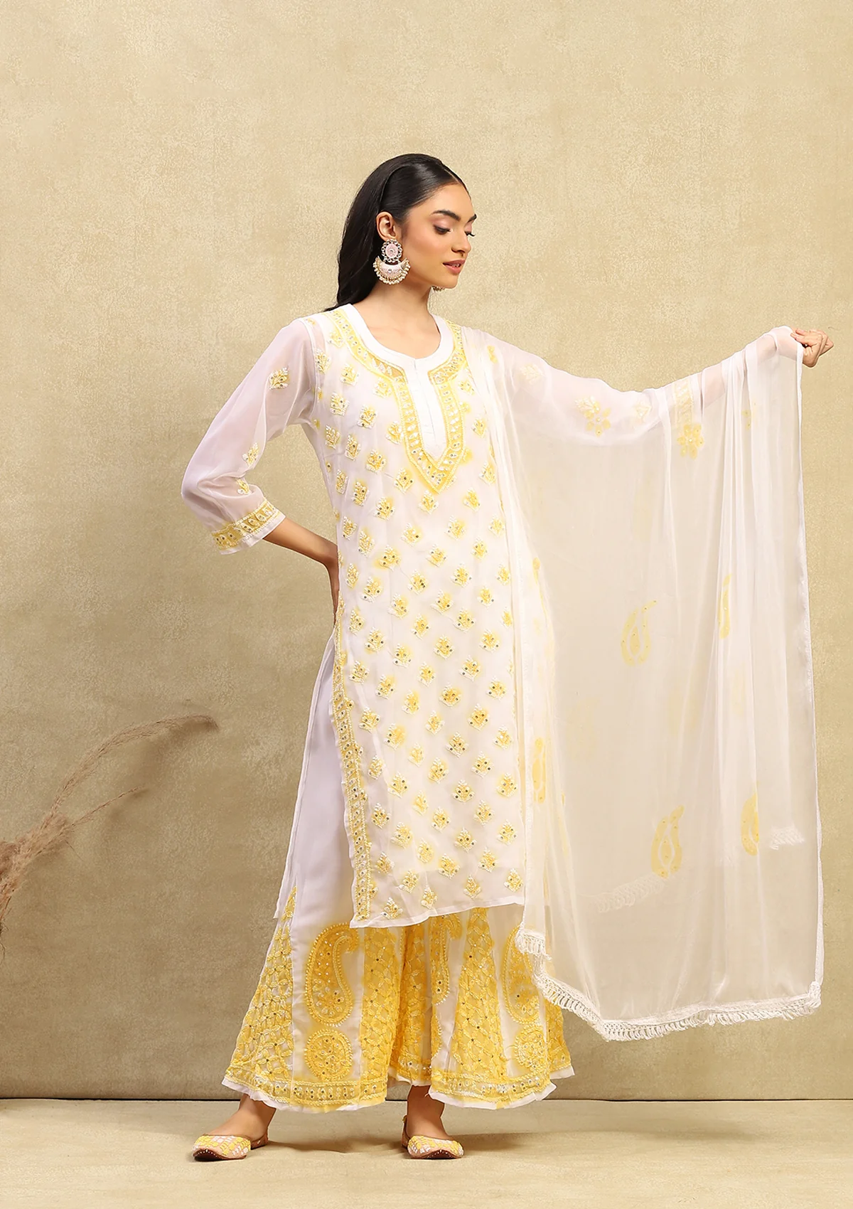 Georgette Chikankari With Sequins Work Solid Women's 4PC Kurta Palazzo Set- White & Yellow - Image 4