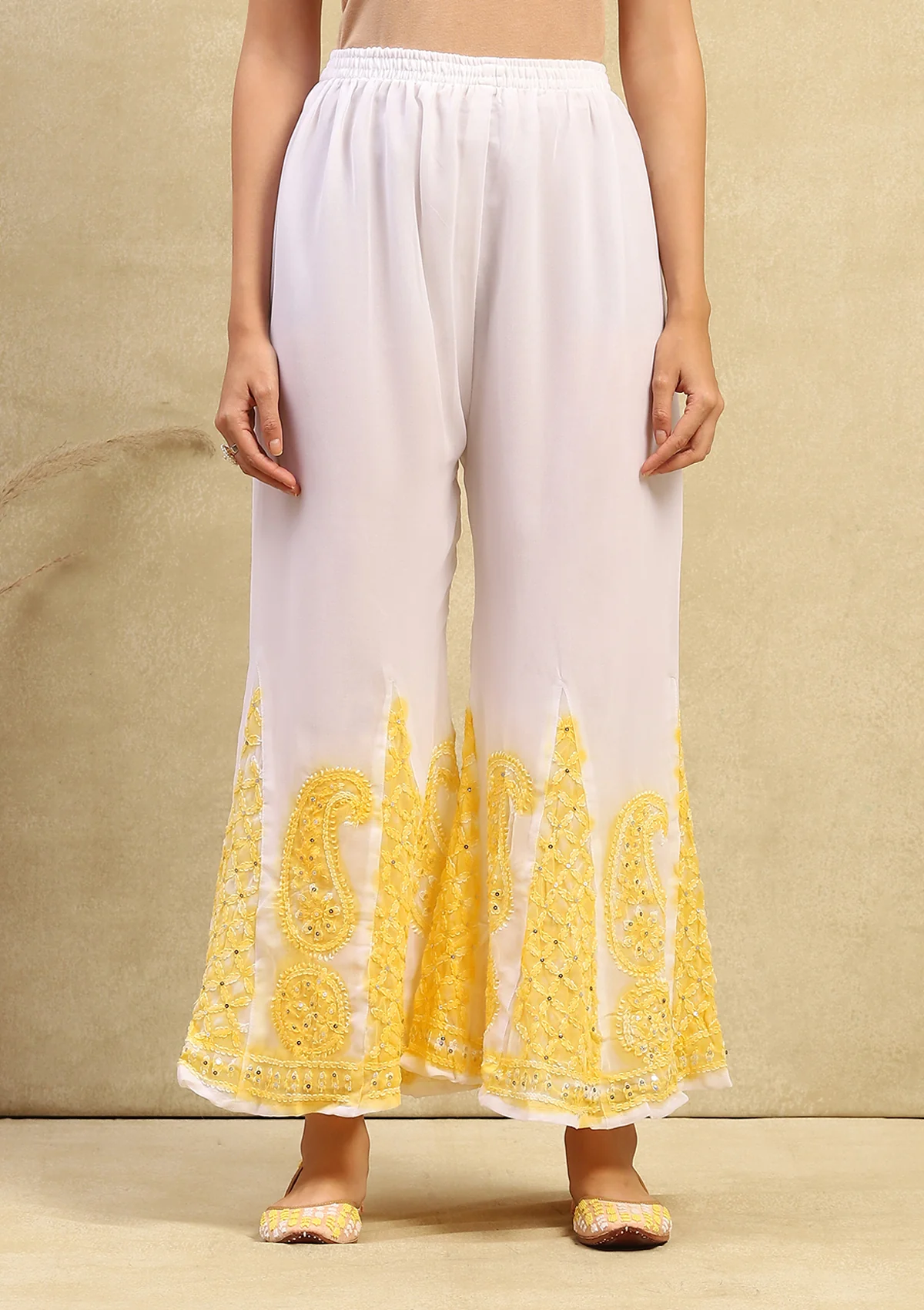 Georgette Chikankari With Sequins Work Solid Women's 4PC Kurta Palazzo Set- White & Yellow - Image 5