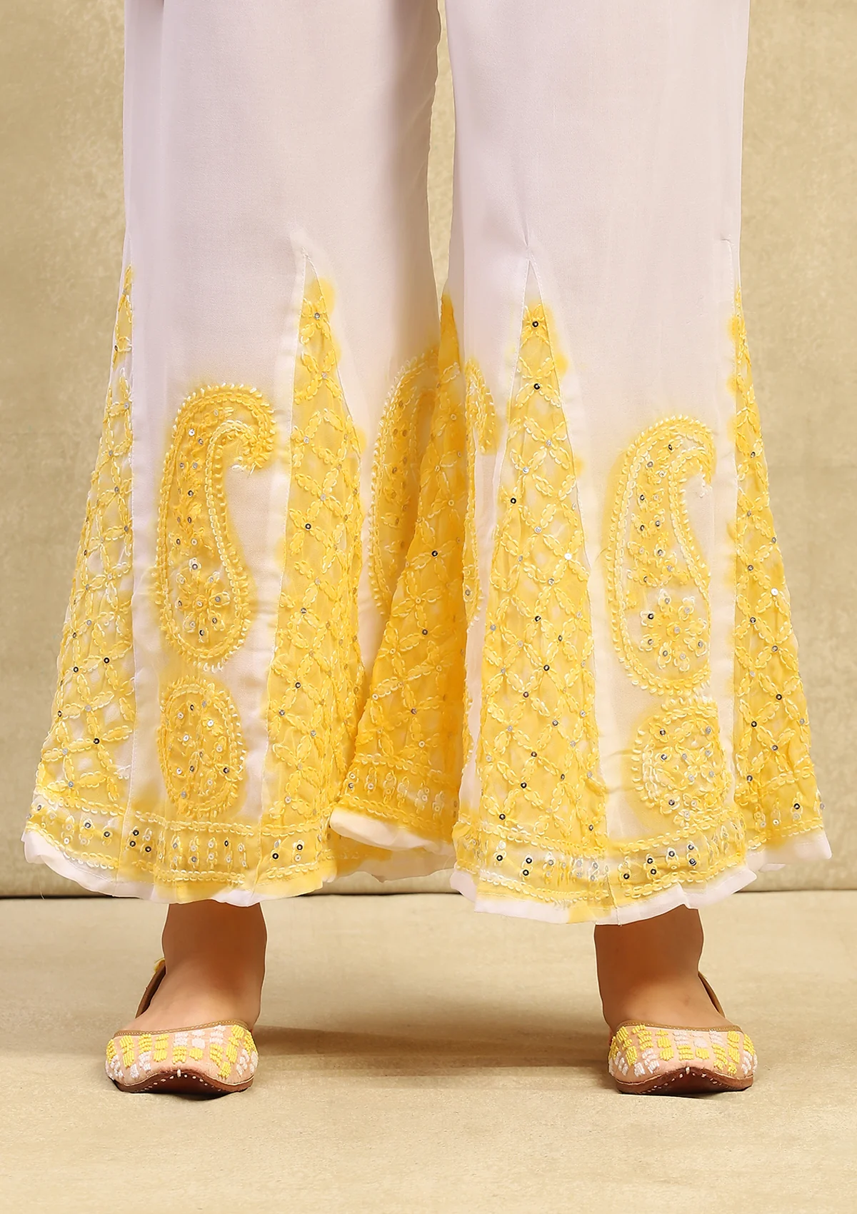 Georgette Chikankari With Sequins Work Solid Women's 4PC Kurta Palazzo Set- White & Yellow - Image 7