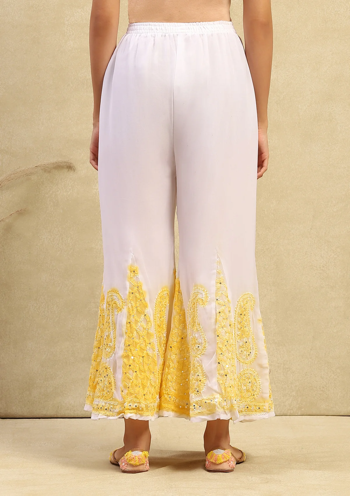 Georgette Chikankari With Sequins Work Solid Women's 4PC Kurta Palazzo Set- White & Yellow - Image 8