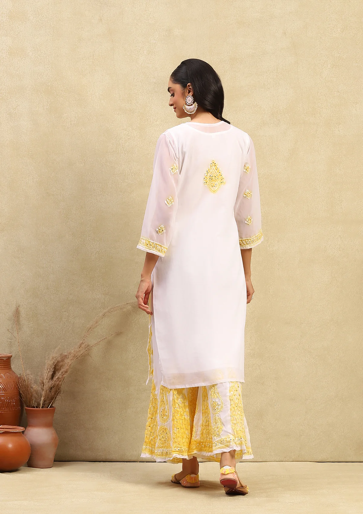 Georgette Chikankari With Sequins Work Solid Women's 4PC Kurta Palazzo Set- White & Yellow - Image 9