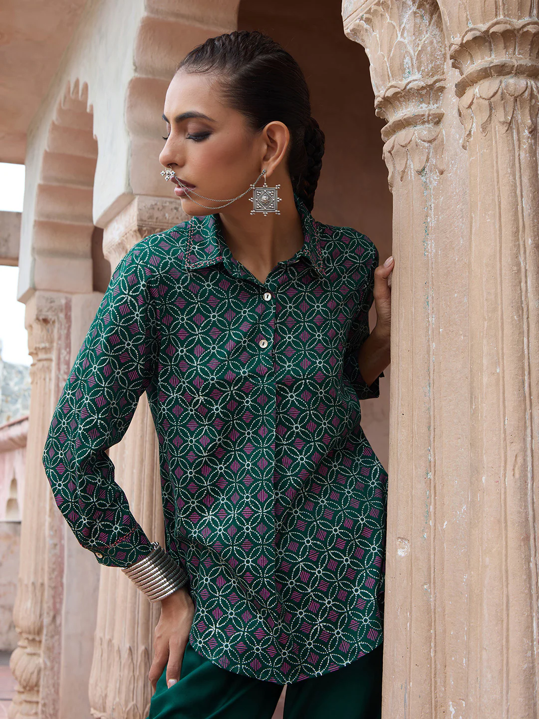 HOC Glazed Cotton Hand Block Printed with Hand Embroidery Women's 2 PC Co-ord Set - Dark Green - Image 10