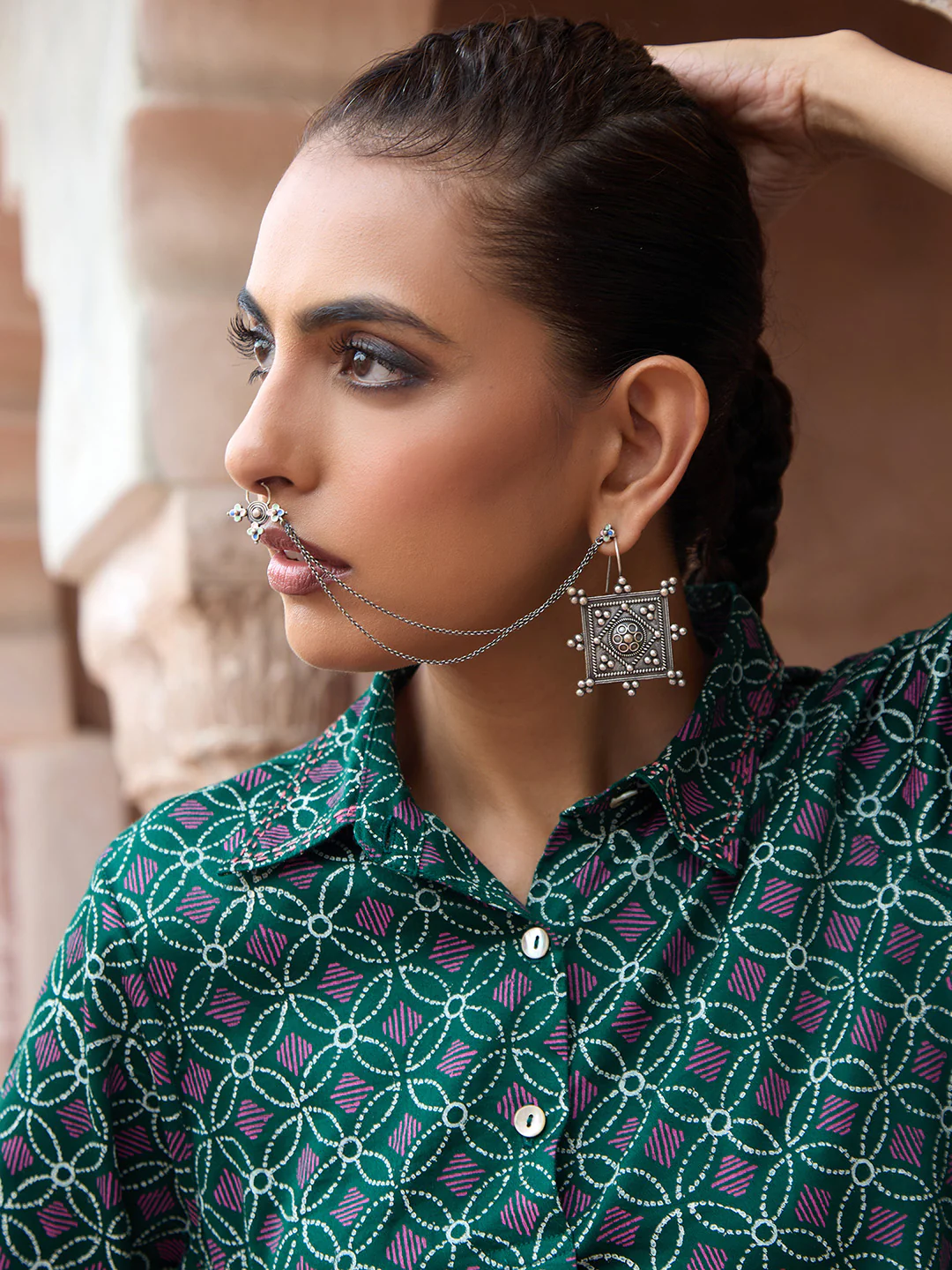 HOC Glazed Cotton Hand Block Printed with Hand Embroidery Women's 2 PC Co-ord Set - Dark Green - Image 11