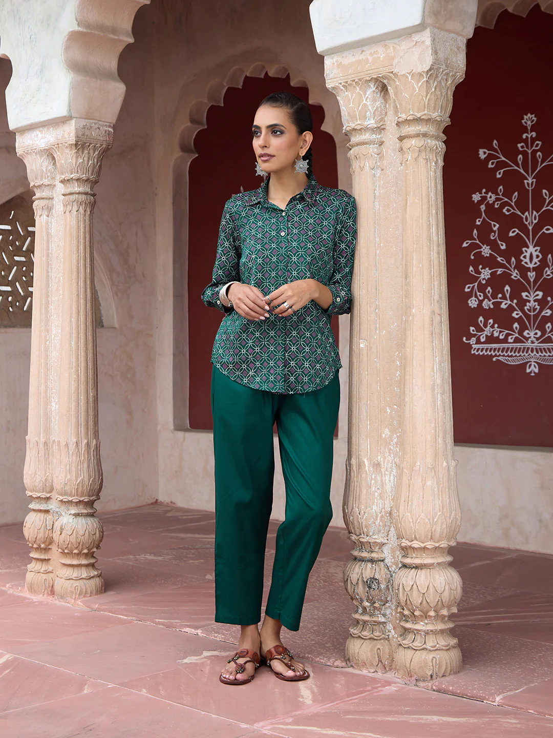 HOC Glazed Cotton Hand Block Printed with Hand Embroidery Women's 2 PC Co-ord Set - Dark Green - Image 3