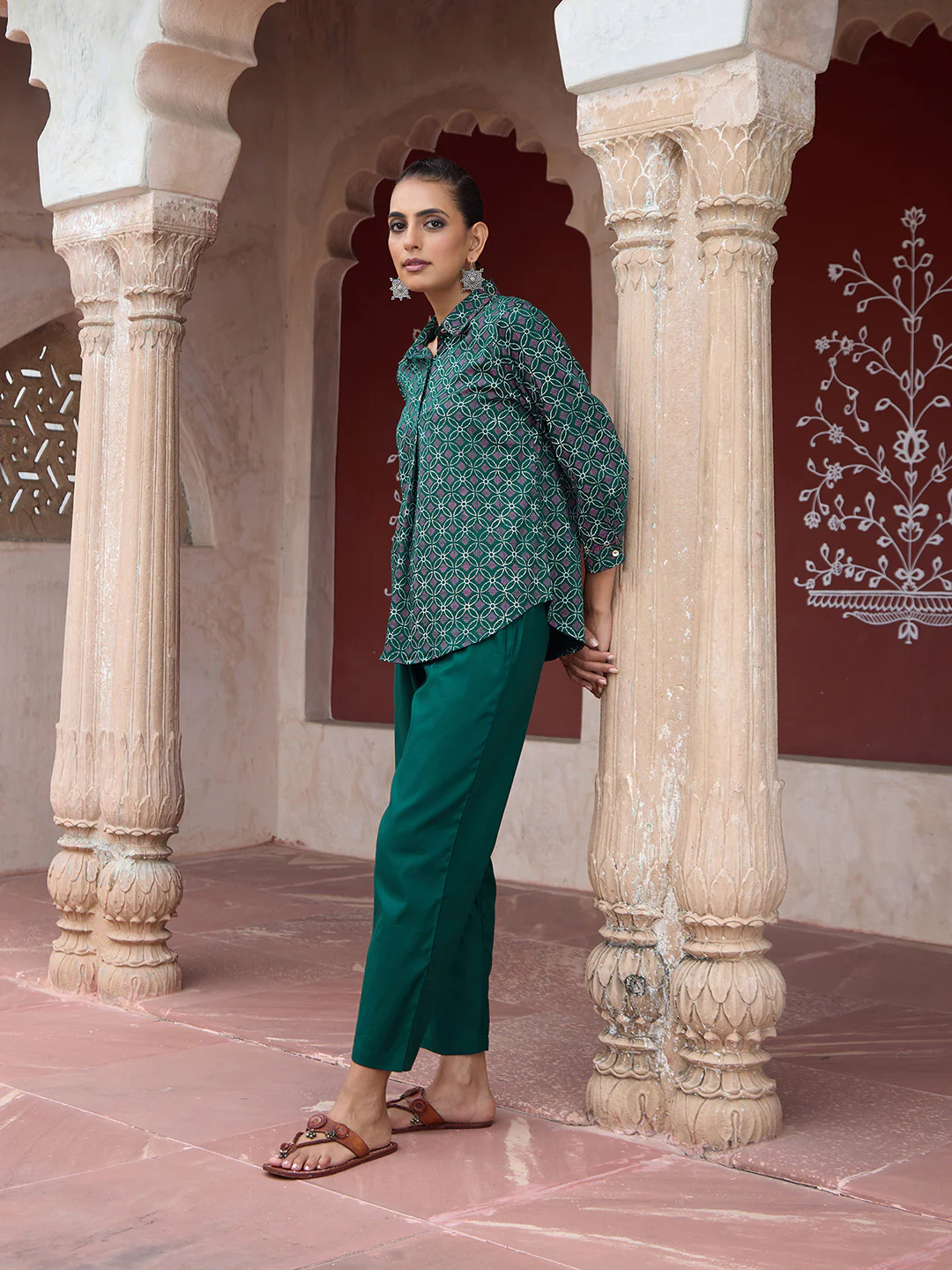 HOC Glazed Cotton Hand Block Printed with Hand Embroidery Women's 2 PC Co-ord Set - Dark Green - Image 4
