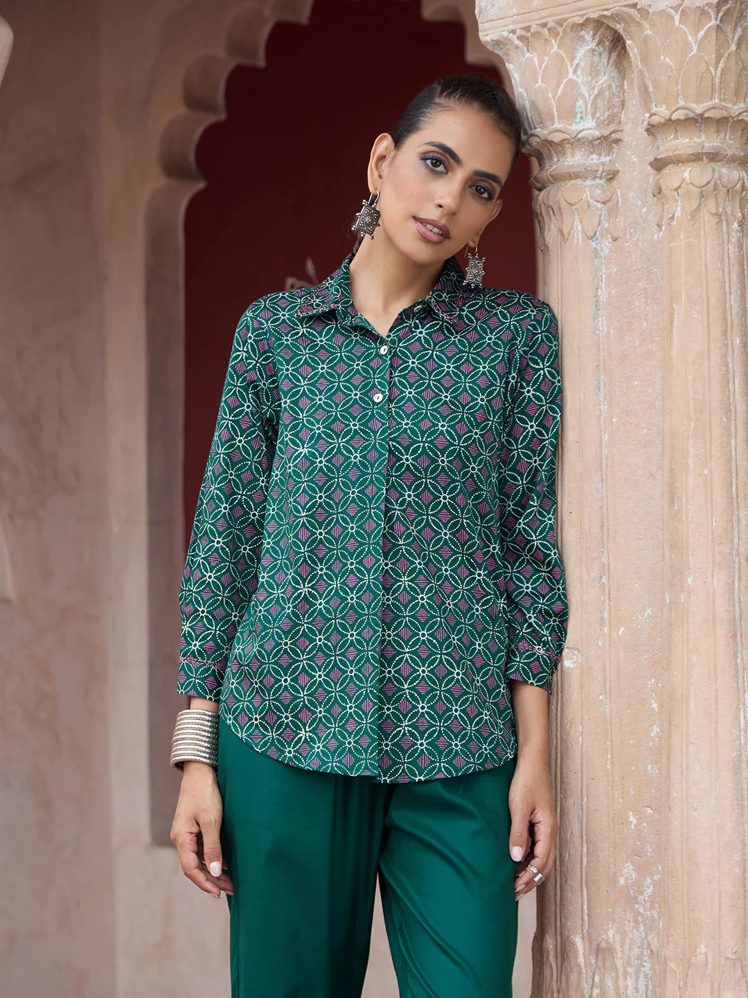 HOC Glazed Cotton Hand Block Printed with Hand Embroidery Women's 2 PC Co-ord Set - Dark Green - Image 5