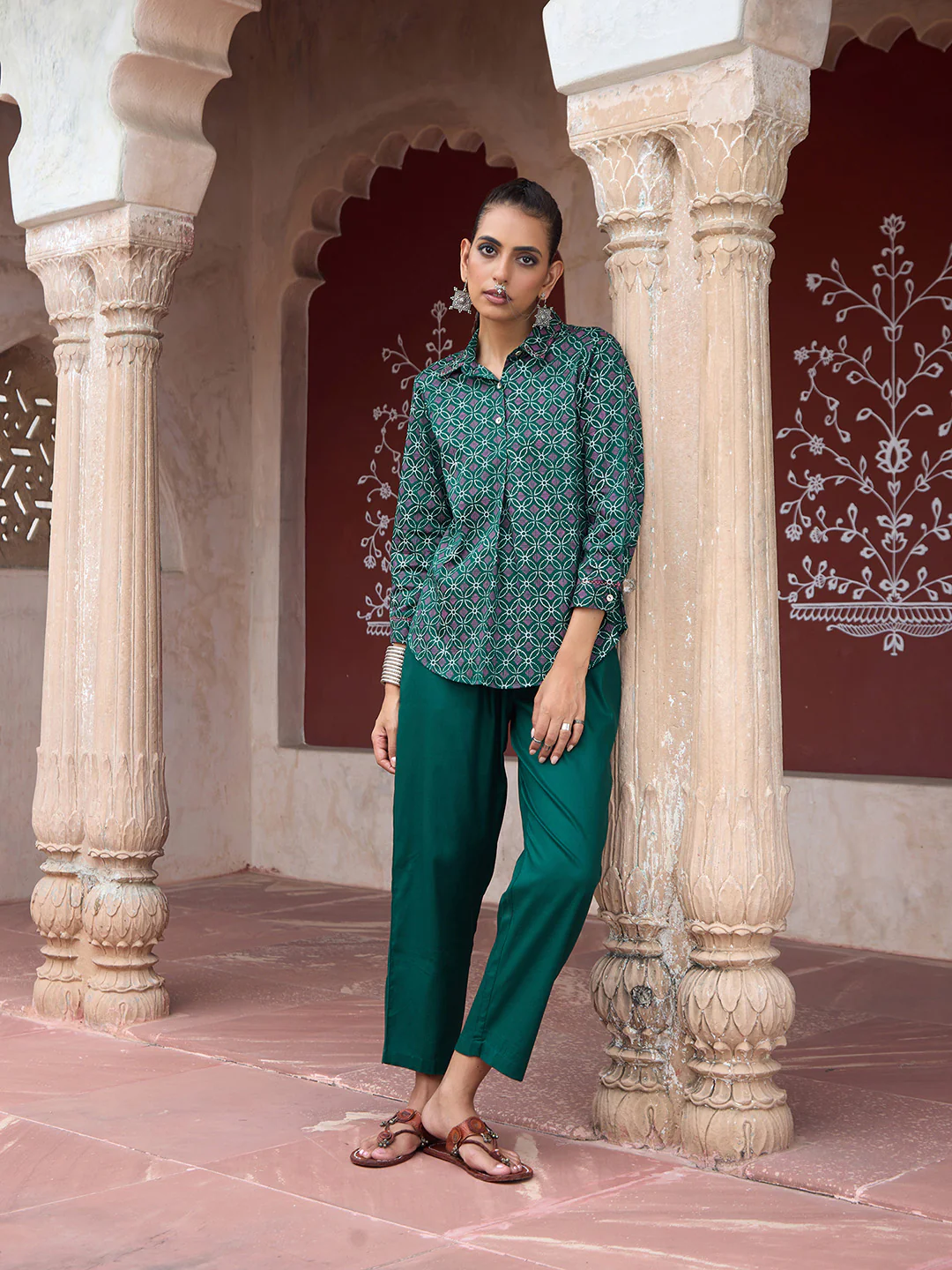 HOC Glazed Cotton Hand Block Printed with Hand Embroidery Women's 2 PC Co-ord Set - Dark Green - Image 8