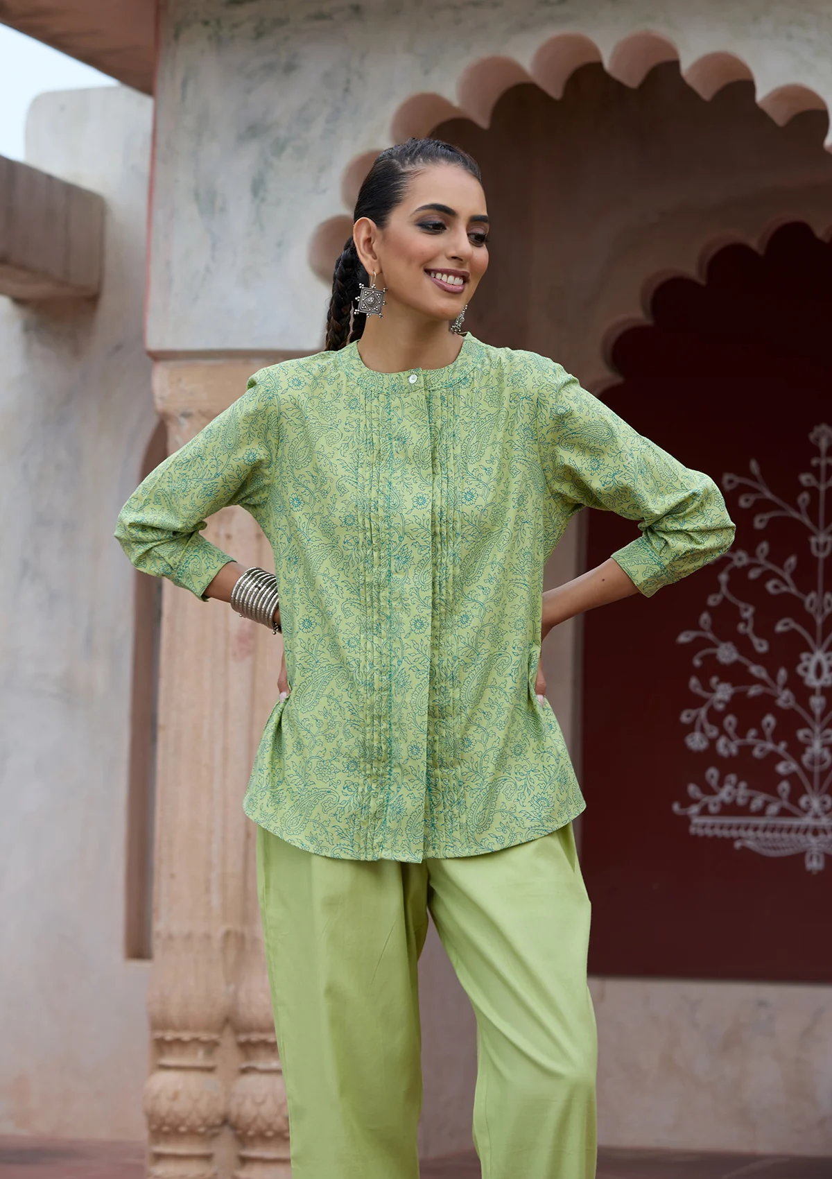 HOC Glazed Cotton Hand Block Printed with Hand Embroidery Women's 2 PC Co-ord Set - Green