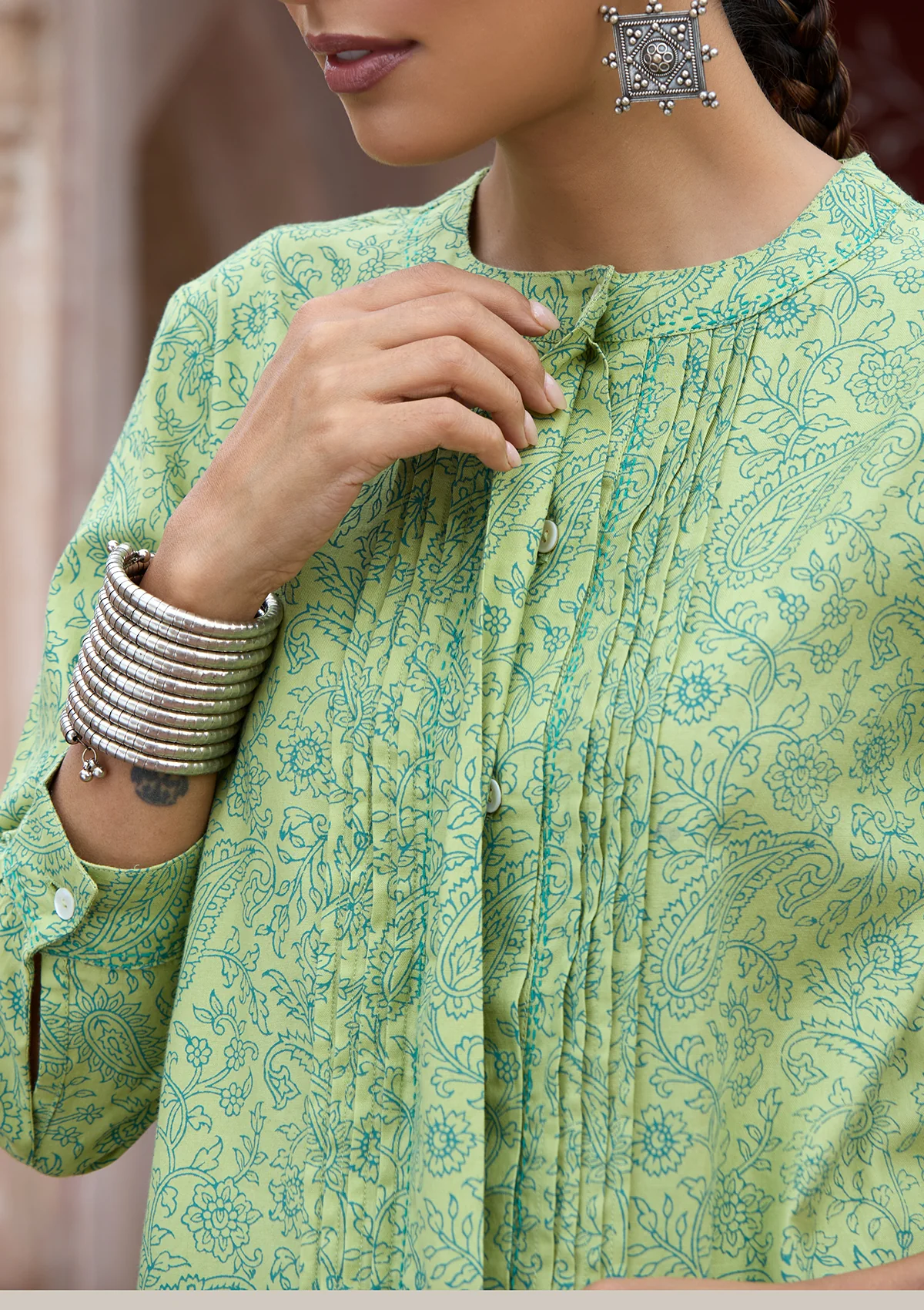 HOC Glazed Cotton Hand Block Printed with Hand Embroidery Women's 2 PC Co-ord Set - Green - Image 3