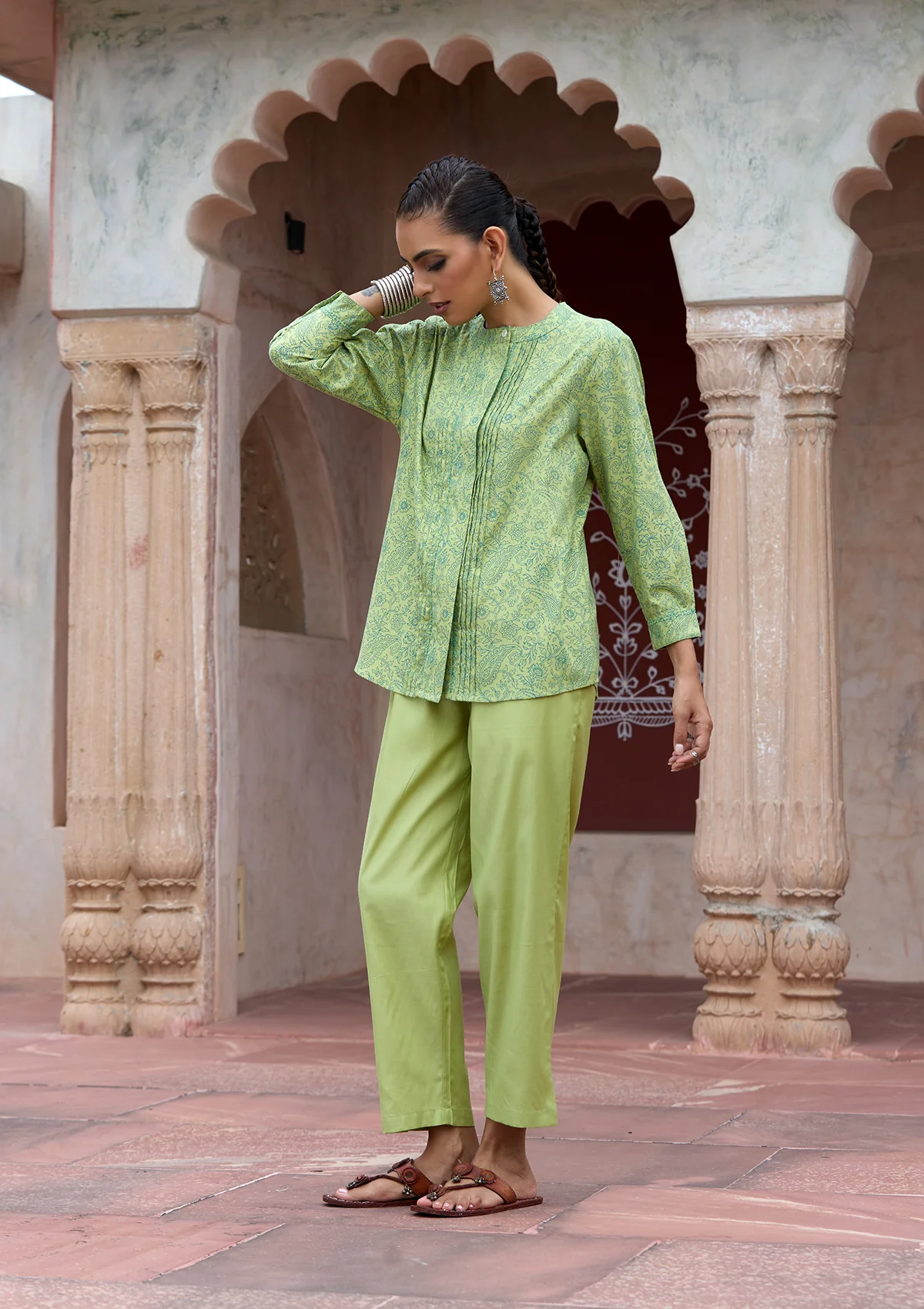 HOC Glazed Cotton Hand Block Printed with Hand Embroidery Women's 2 PC Co-ord Set - Green - Image 4