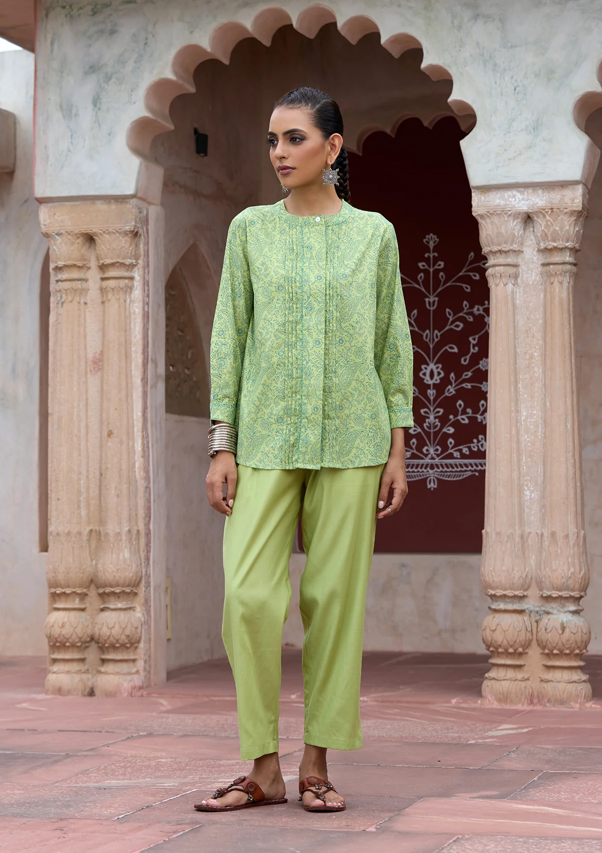 HOC Glazed Cotton Hand Block Printed with Hand Embroidery Women's 2 PC Co-ord Set - Green - Image 5