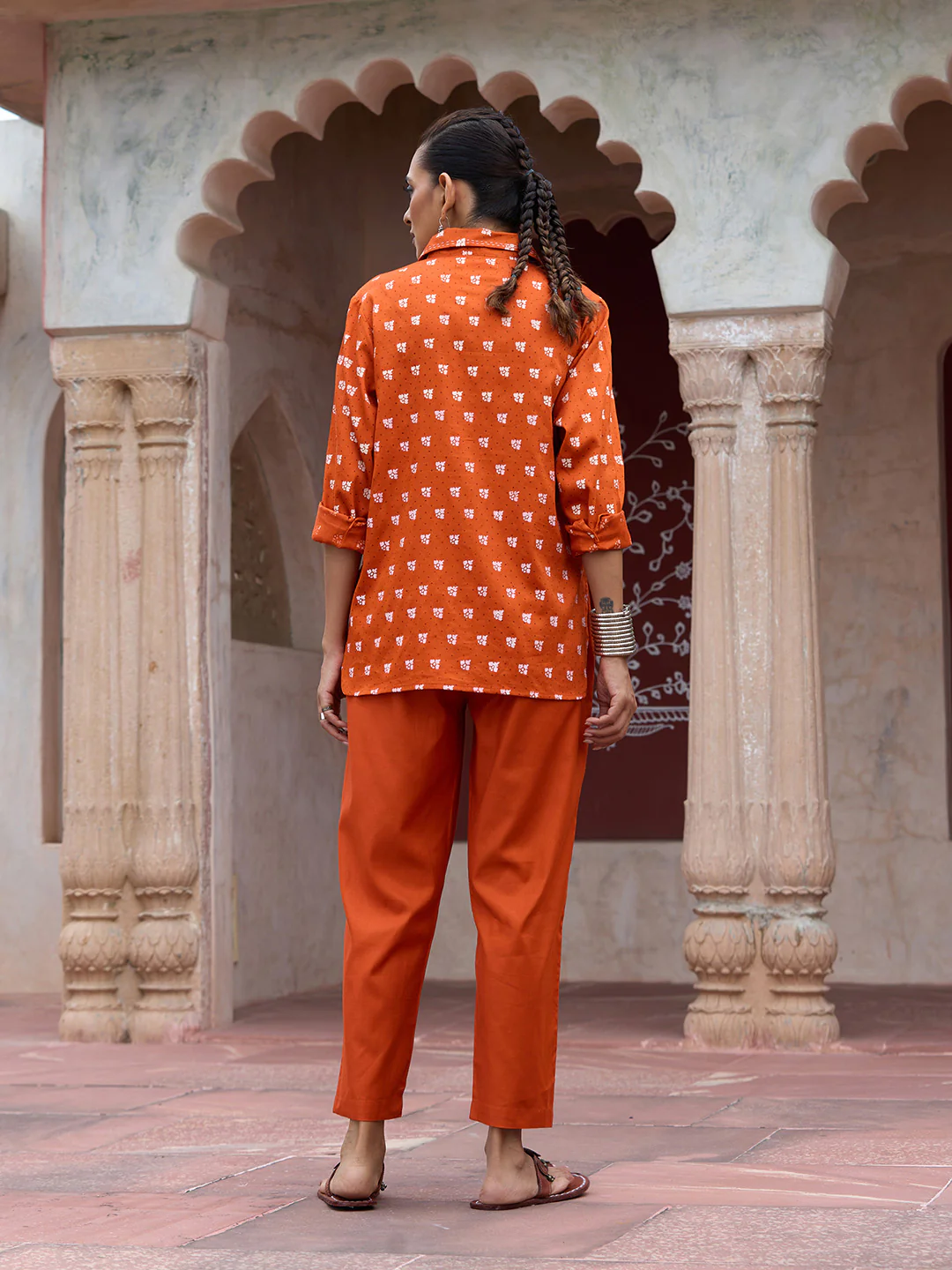 HOC Glazed Cotton Hand Block Printed with Hand Embroidery Women's 2 PC Co-ord Set - Orange - Image 5