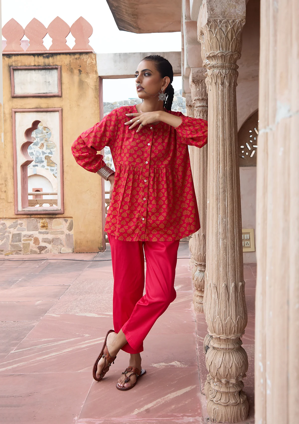 HOC Glazed Cotton Hand Block Printed with Hand Embroidery Women's 2 PC Co-ord Set - Pink - Image 3