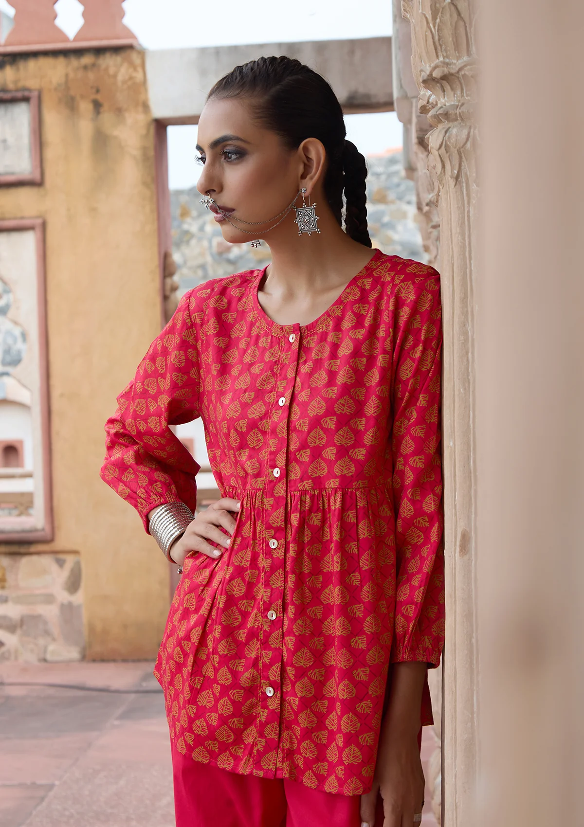 HOC Glazed Cotton Hand Block Printed with Hand Embroidery Women's 2 PC Co-ord Set - Pink - Image 4