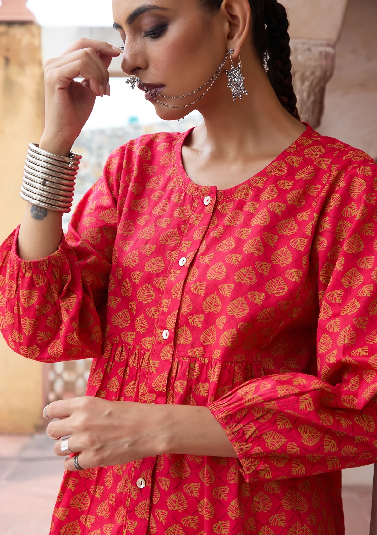 HOC Glazed Cotton Hand Block Printed with Hand Embroidery Women's 2 PC Co-ord Set - Pink - Image 5