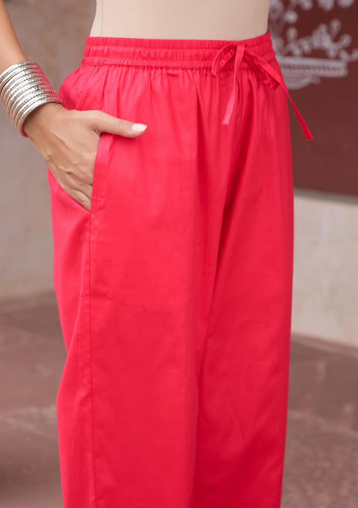 HOC Glazed Cotton Hand Block Printed with Hand Embroidery Women's 2 PC Co-ord Set - Pink - Image 6