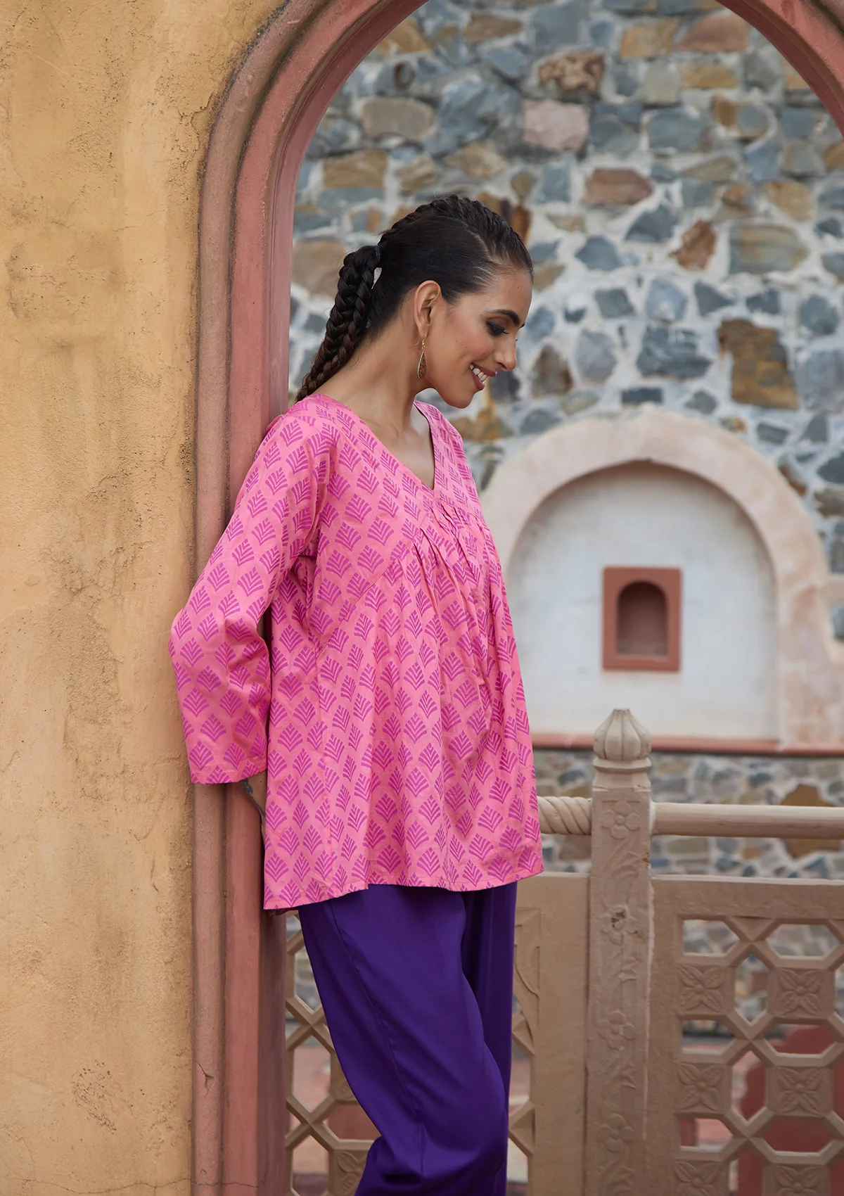 HOC Glazed Cotton Hand Block Printed Women's Short Kurta - Pink - Image 5