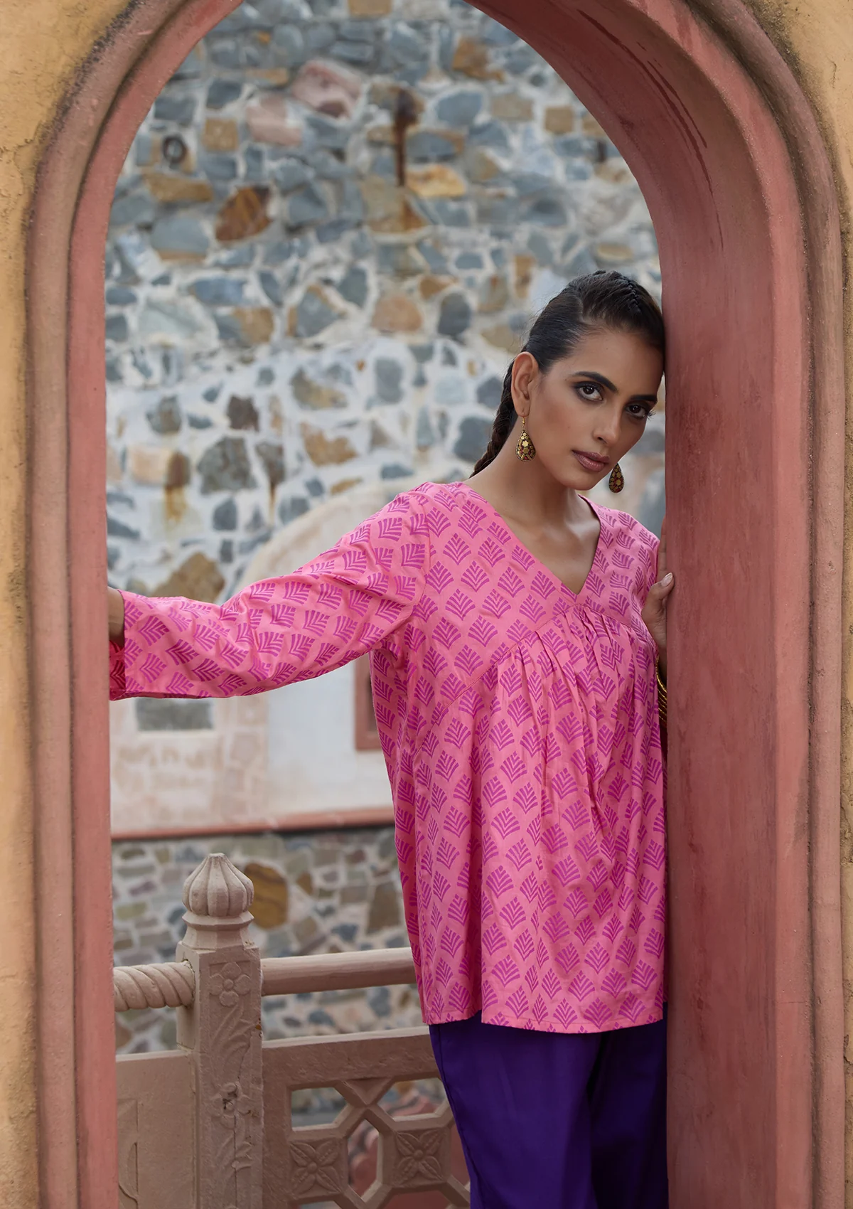 HOC Glazed Cotton Hand Block Printed Women's Short Kurta - Pink - Image 6