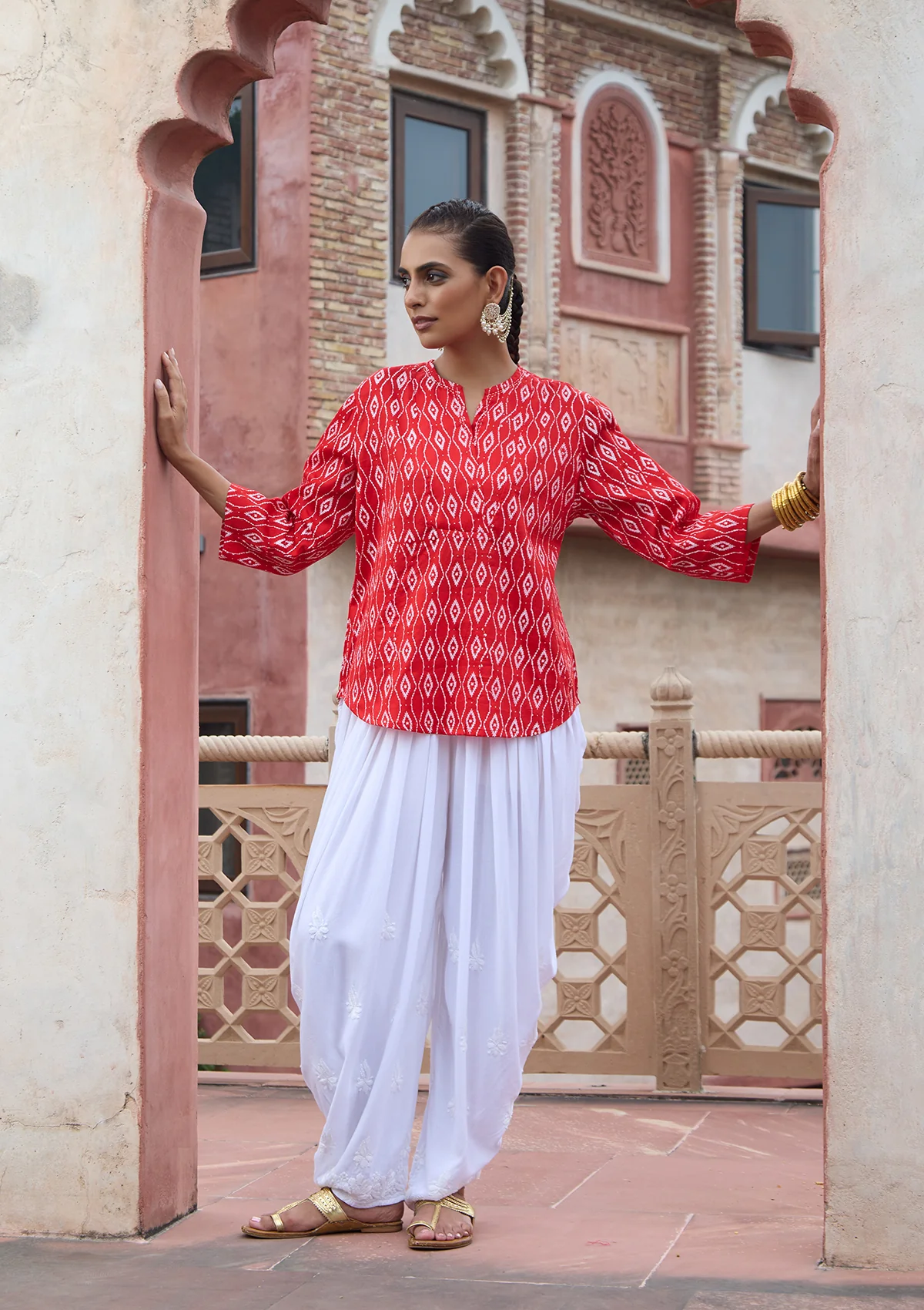 HOC Glazed Cotton Hand Block Printed with Hand Embroidery Women's Short Kurta - Red - Image 4