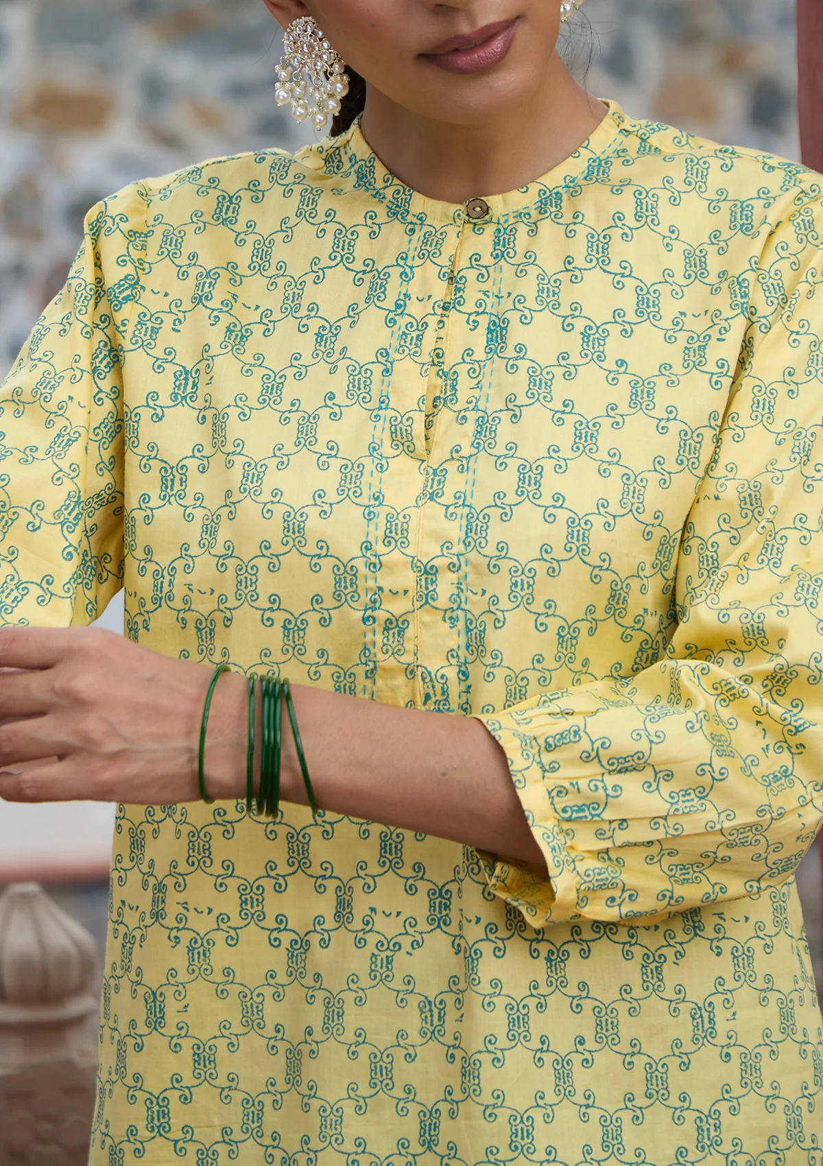 HOC Glazed Cotton Hand Block Printed Women's Short Kurta - Yellow - Image 3