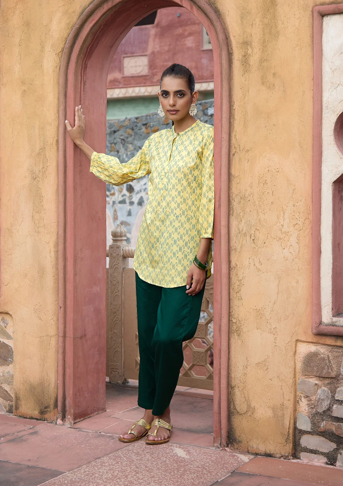 HOC Glazed Cotton Hand Block Printed Women's Short Kurta - Yellow - Image 4