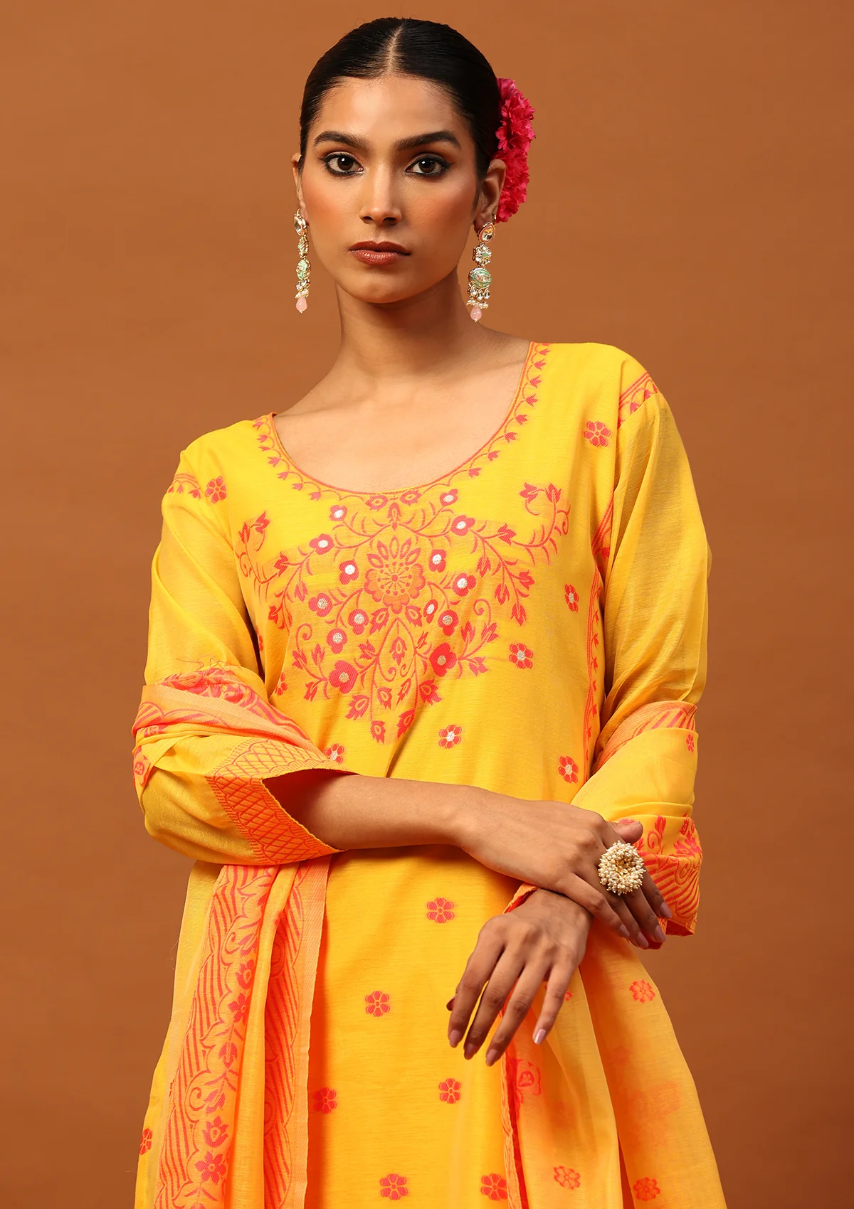 HOC Banarasi Chanderi Hand Weave Women's 3PC Long Kurta Set -Mustard - Image 4