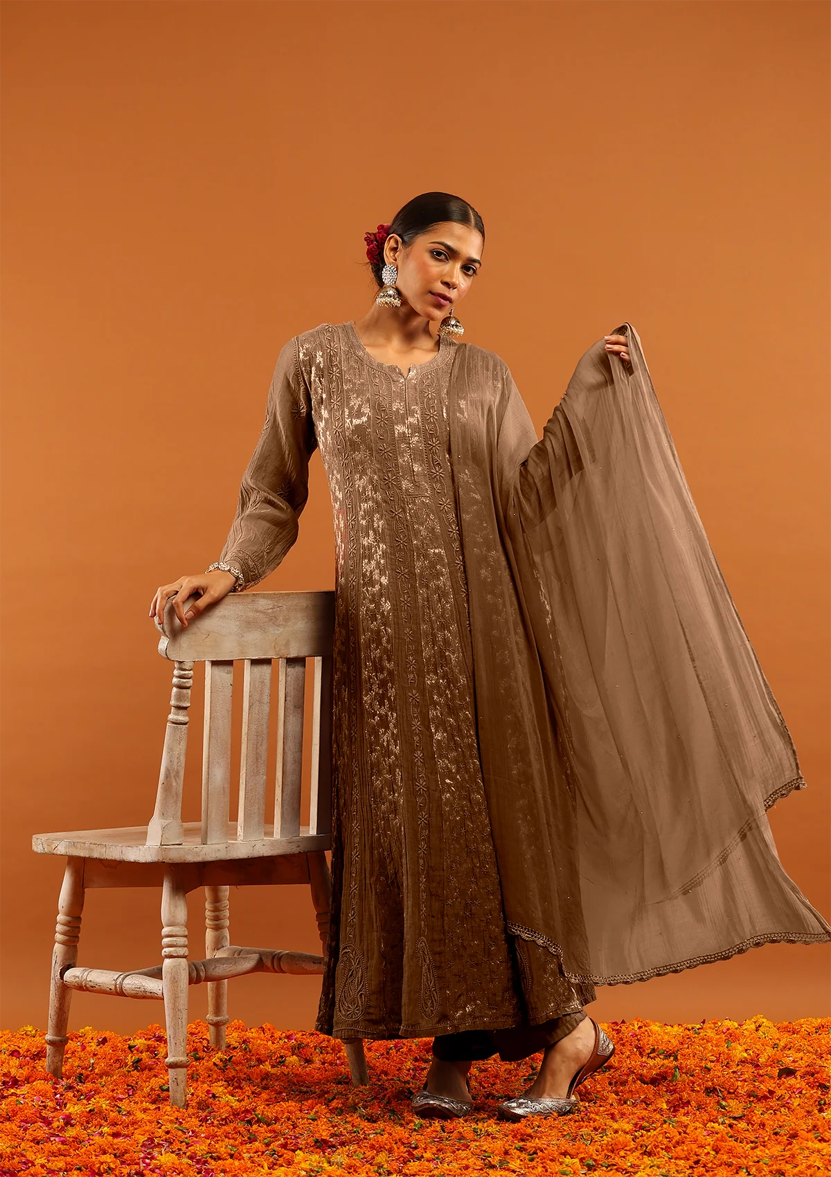 HOC Banarasi Mul Chanderi Chikankari Solid Women's 4 PC Anarkali Kurta Set - Fawn - Image 3