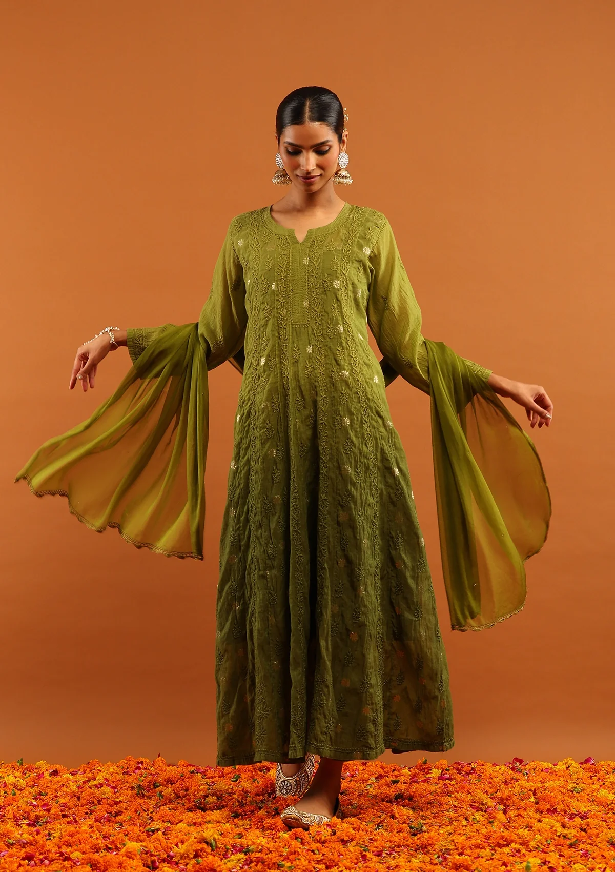HOC Banarasi Mul Chanderi Chikankari Solid Women's 4 PC Anarkali Kurta Set - Olive Green