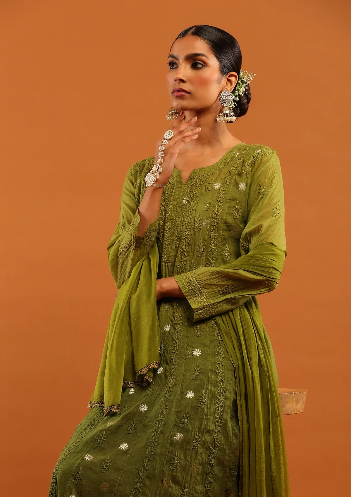 HOC Banarasi Mul Chanderi Chikankari Solid Women's 4 PC Anarkali Kurta Set - Olive Green - Image 2