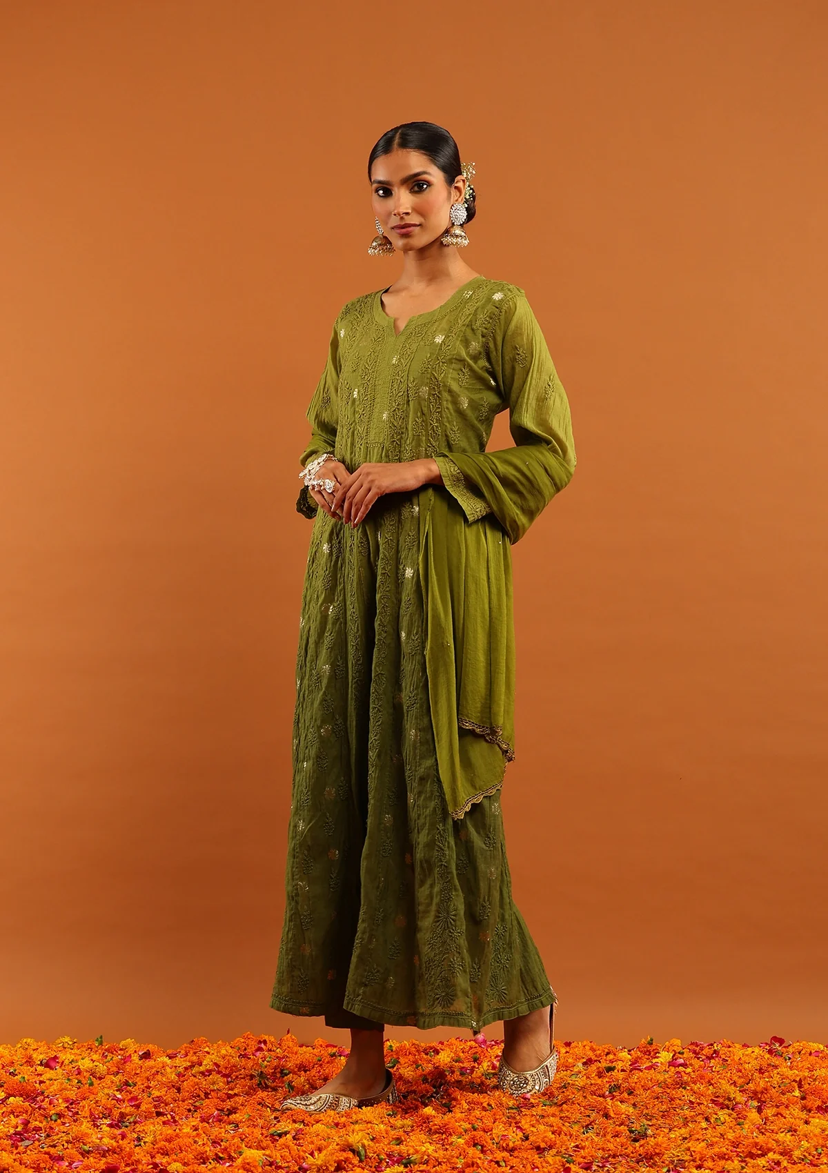 HOC Banarasi Mul Chanderi Chikankari Solid Women's 4 PC Anarkali Kurta Set - Olive Green - Image 6
