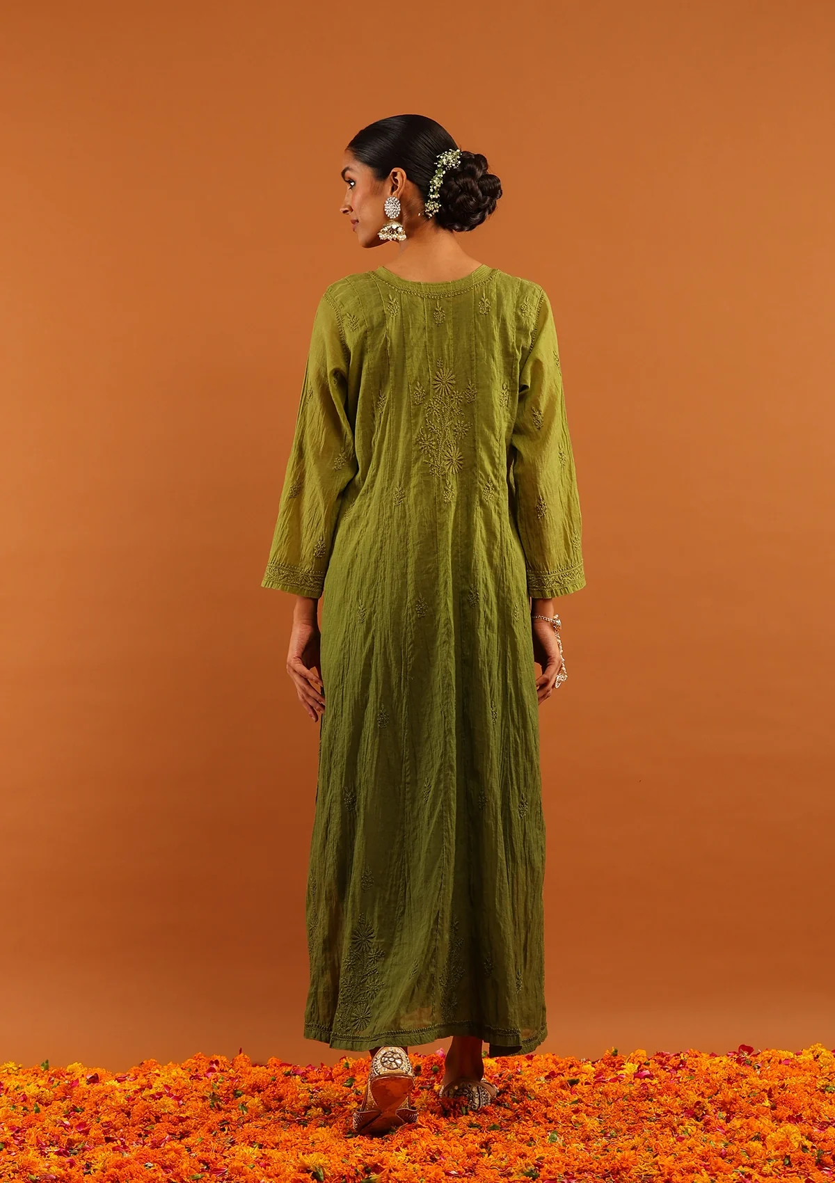 HOC Banarasi Mul Chanderi Chikankari Solid Women's 4 PC Anarkali Kurta Set - Olive Green - Image 9