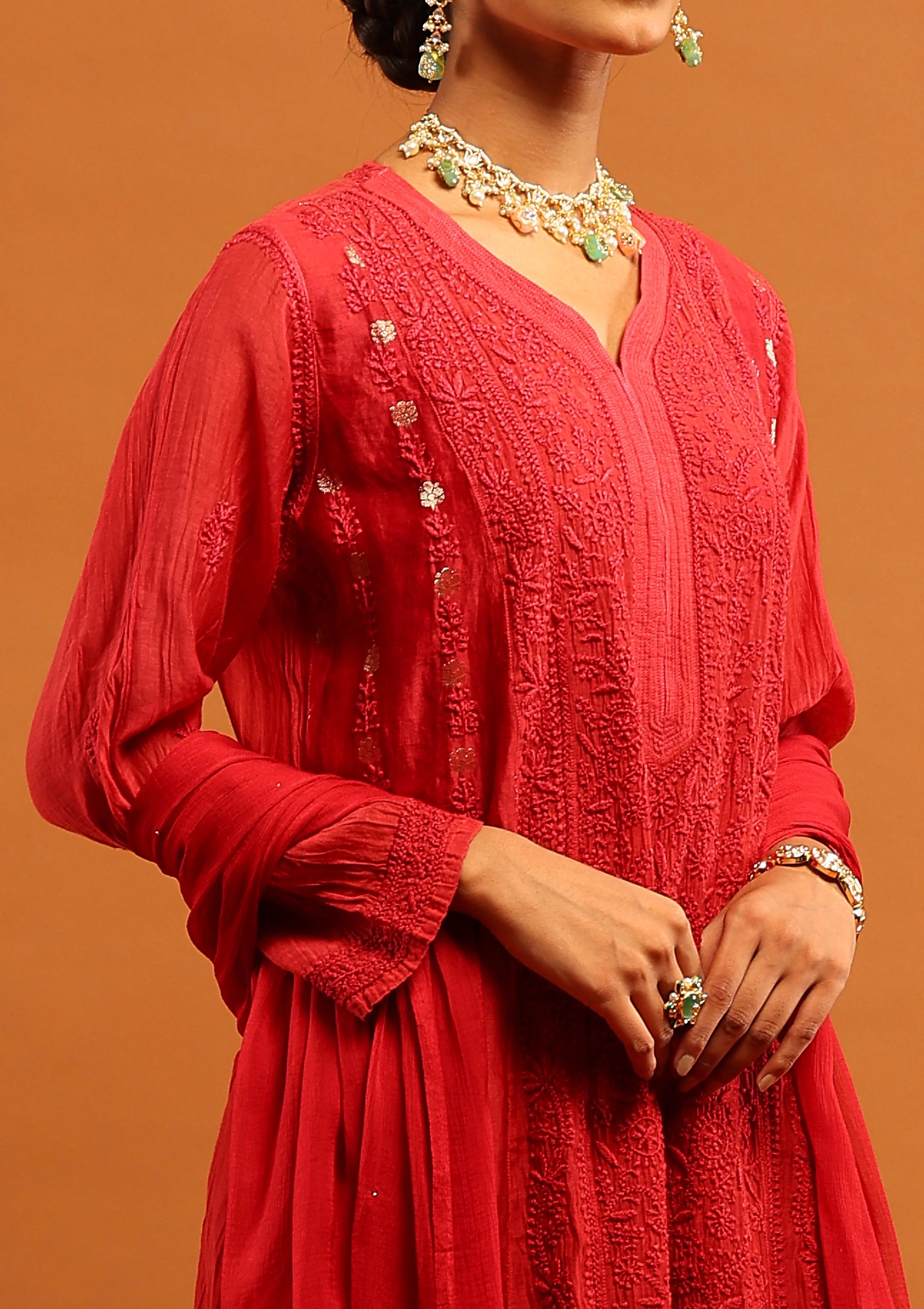 HOC Banarasi Mul Chanderi Chikankari Solid Women's 4 PC Straight Kurta Set - Red - Image 3