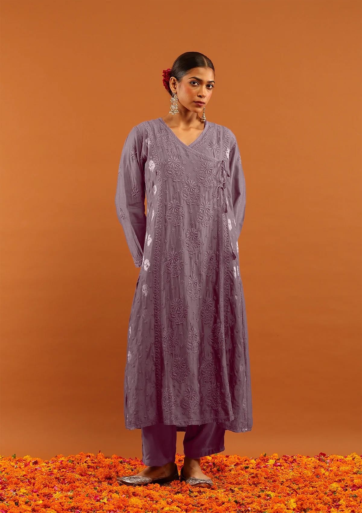 HOC Banarasi Mul Chanderi Chikankari Solid Women's 4PC Angrakha Kurta Set - Wine