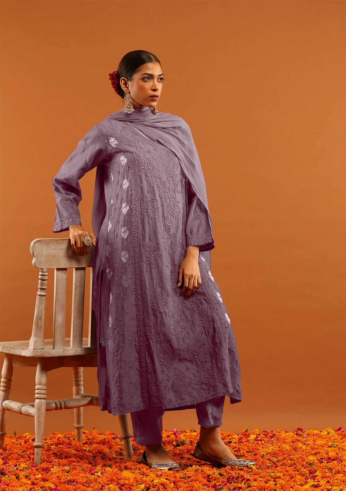 HOC Banarasi Mul Chanderi Chikankari Solid Women's 4PC Angrakha Kurta Set - Wine - Image 5