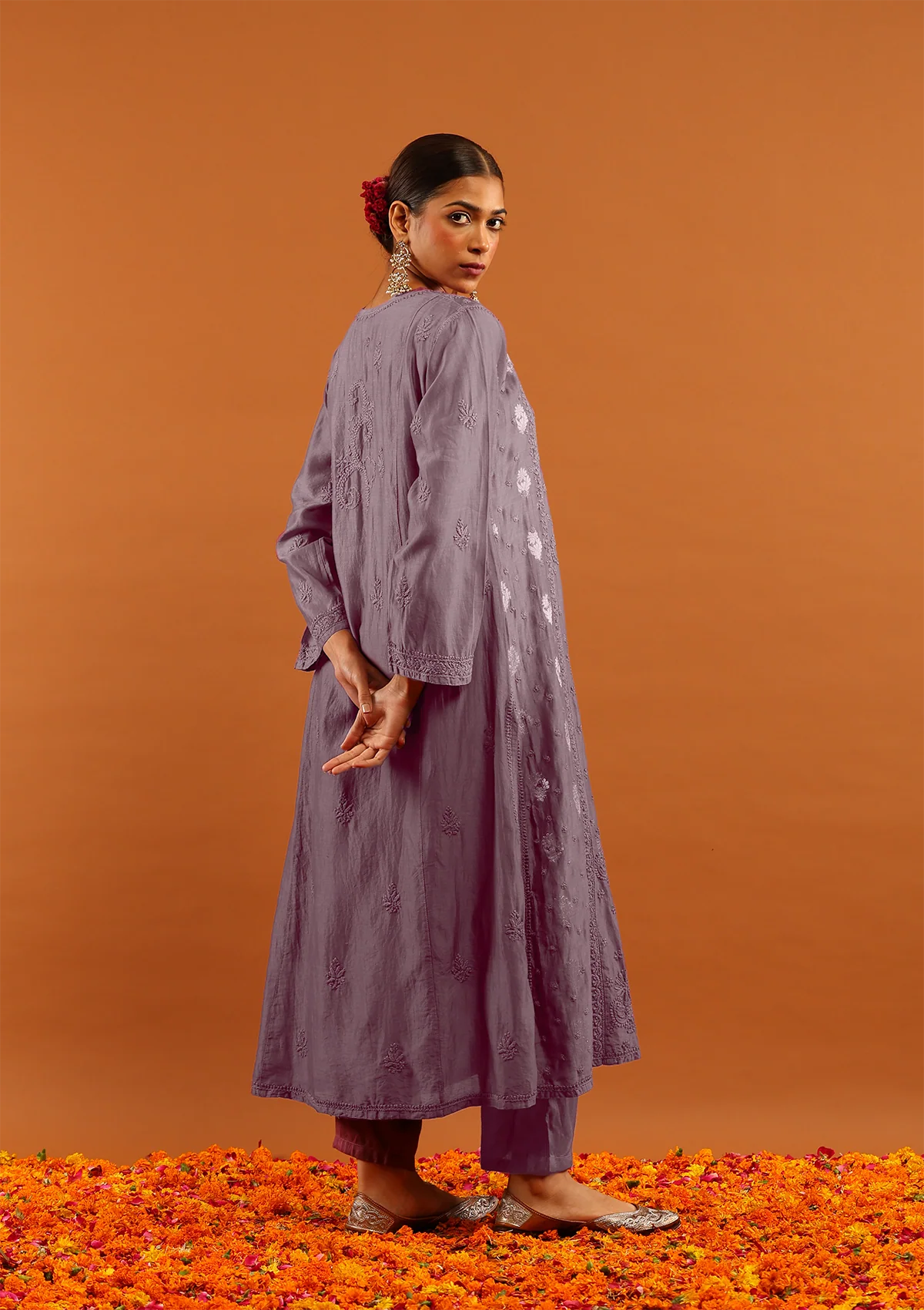 HOC Banarasi Mul Chanderi Chikankari Solid Women's 4PC Angrakha Kurta Set - Wine - Image 8
