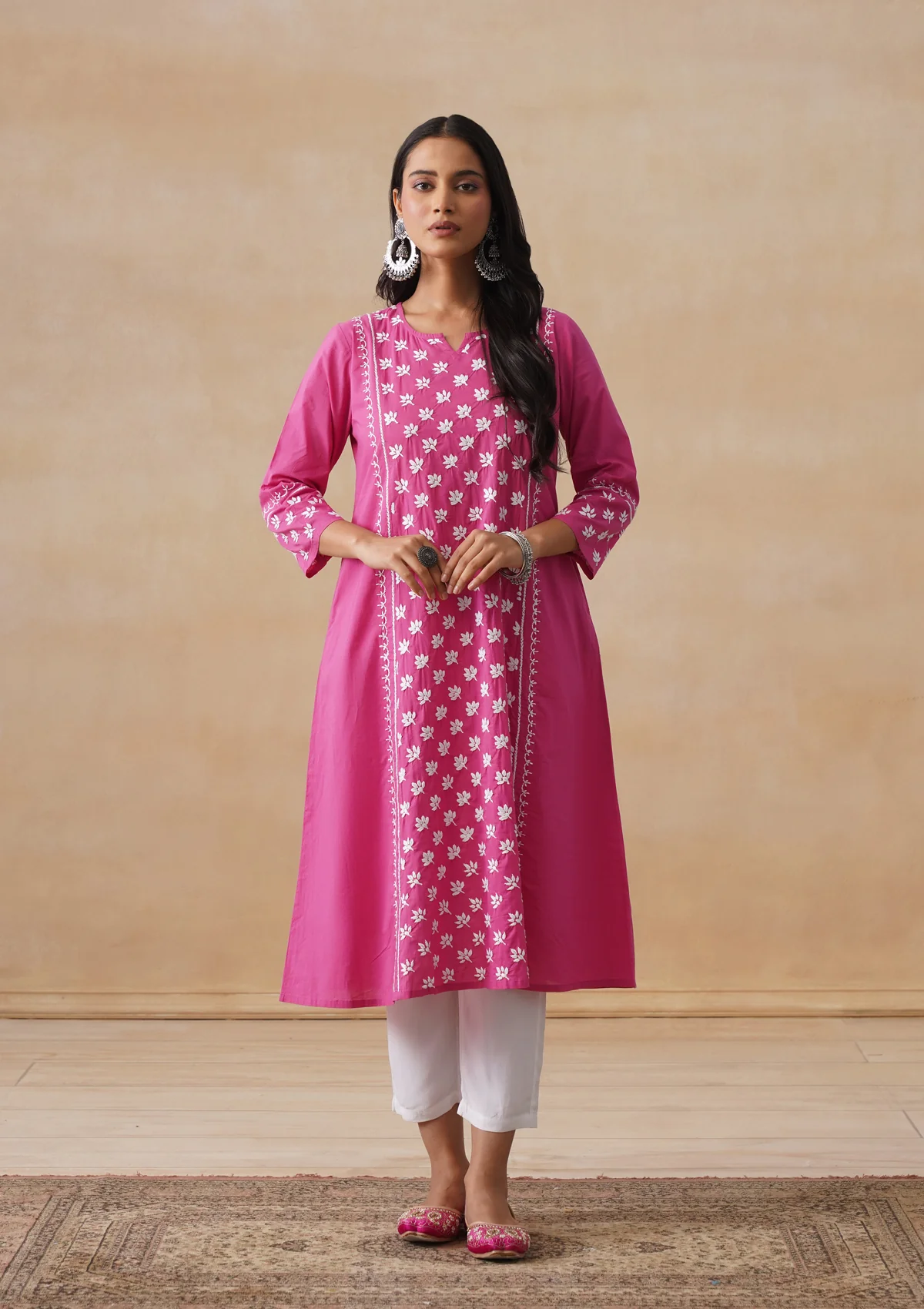 HOC Cambric Chikankari Solid A-Line Women's Long Kurta-Fuschia