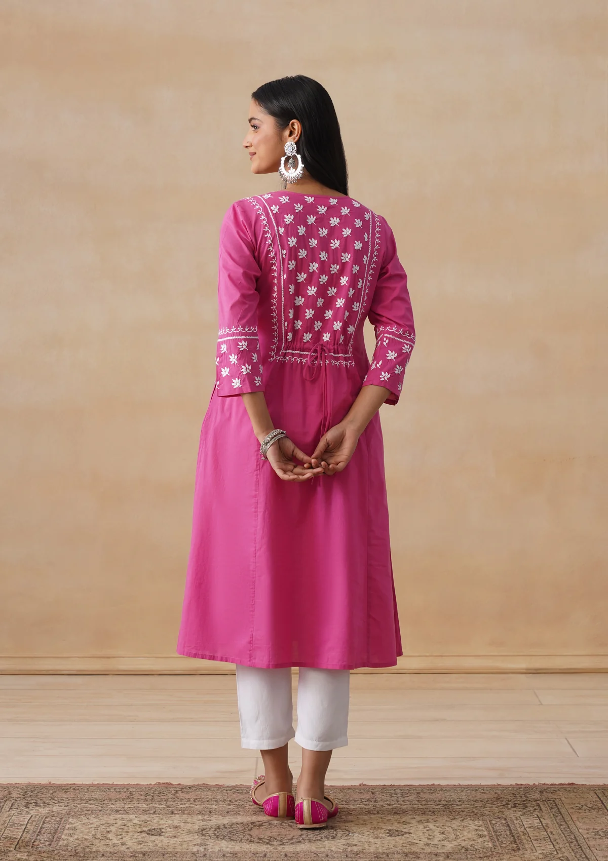 HOC Cambric Chikankari Solid A-Line Women's Long Kurta-Fuschia - Image 11