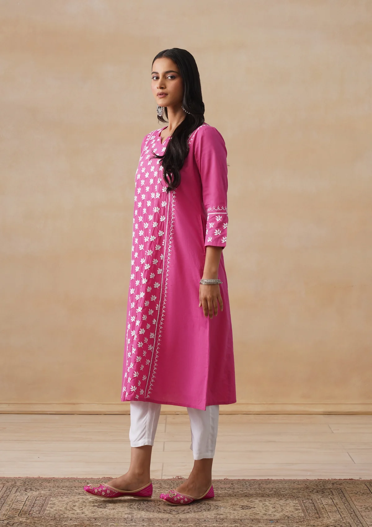 HOC Cambric Chikankari Solid A-Line Women's Long Kurta-Fuschia - Image 5