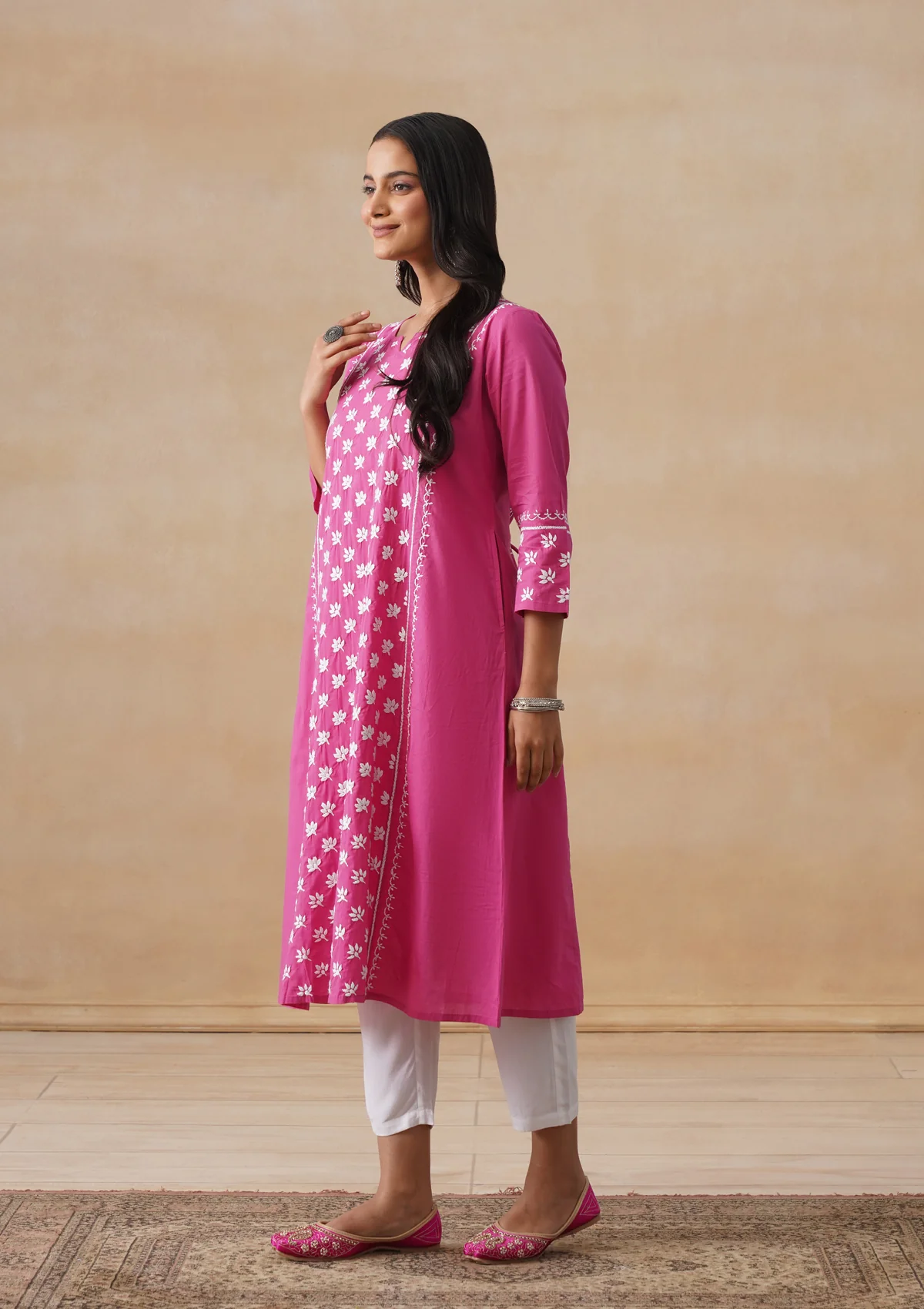 HOC Cambric Chikankari Solid A-Line Women's Long Kurta-Fuschia - Image 6