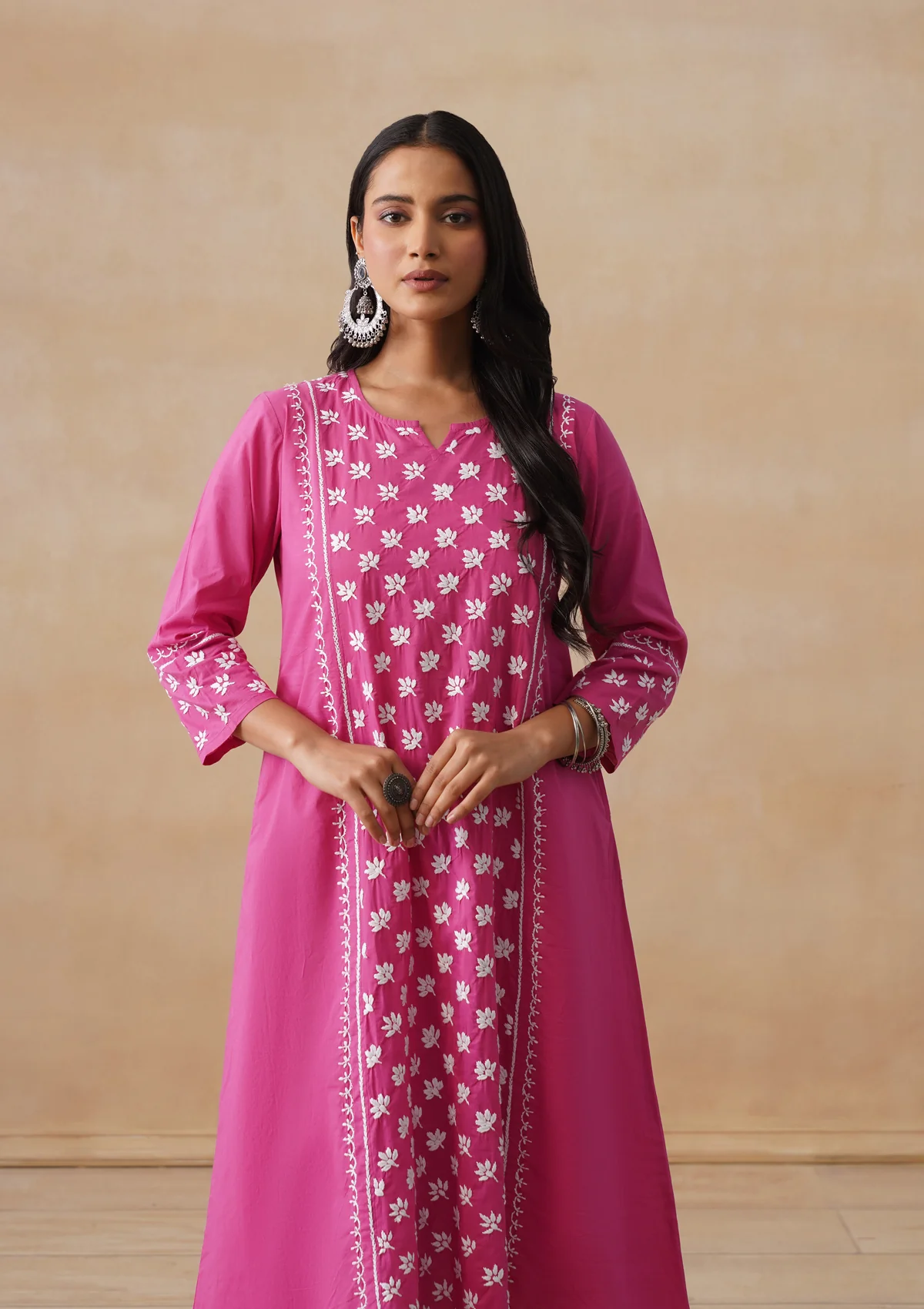 HOC Cambric Chikankari Solid A-Line Women's Long Kurta-Fuschia - Image 8