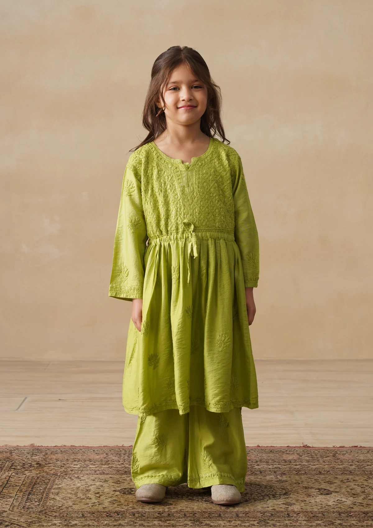 HOC Chanderi Chikankari Solid Girls 3 PC Long Kurta Set - Green