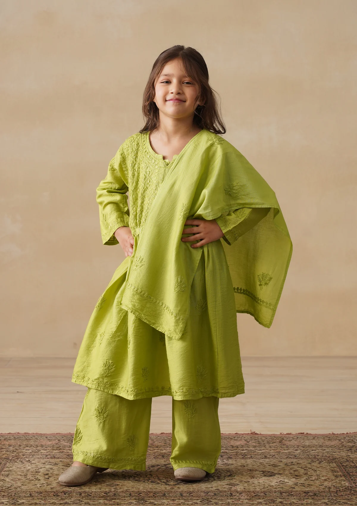 HOC Chanderi Chikankari Solid Girls 3 PC Long Kurta Set - Green - Image 2