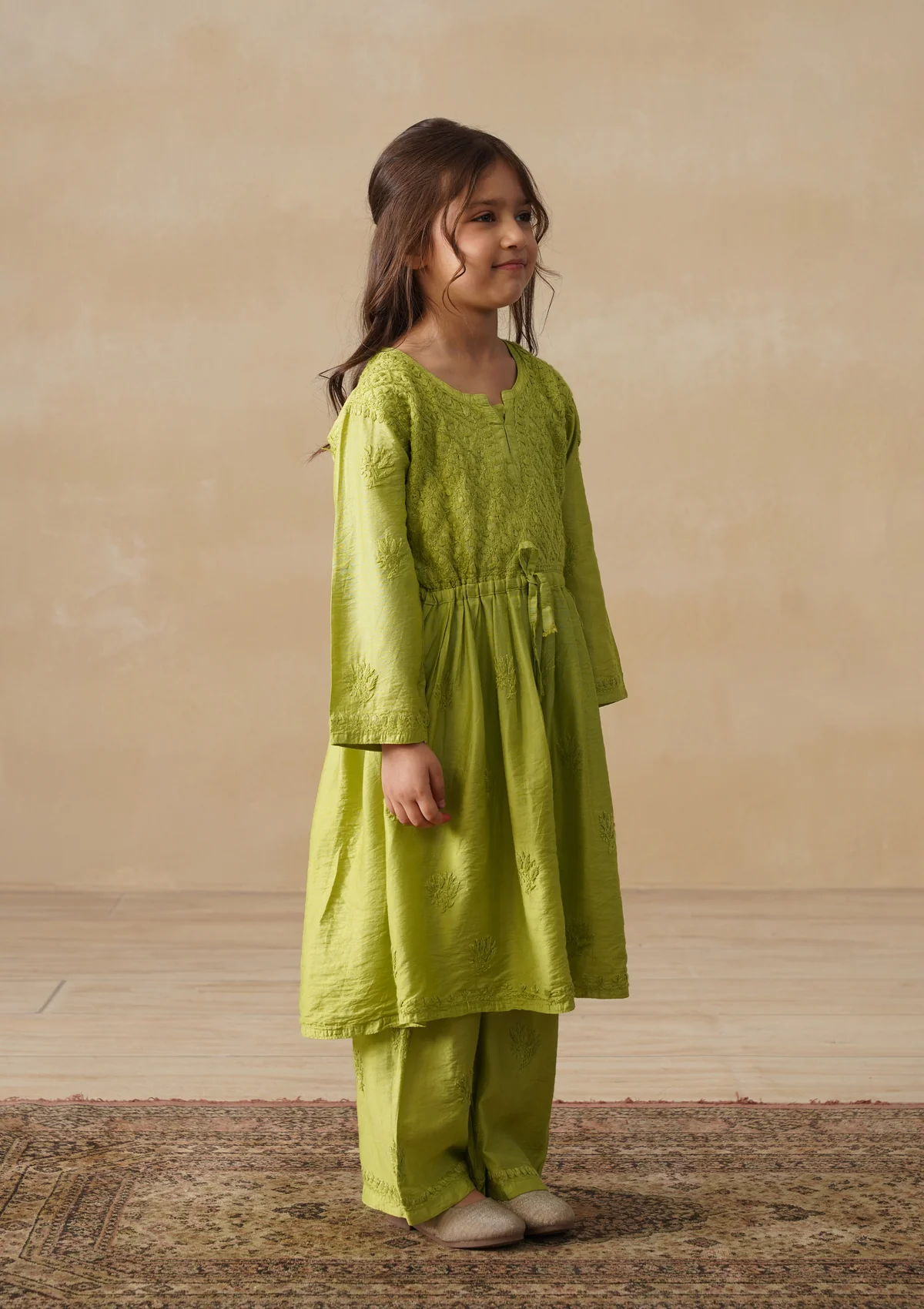 HOC Chanderi Chikankari Solid Girls 3 PC Long Kurta Set - Green - Image 3
